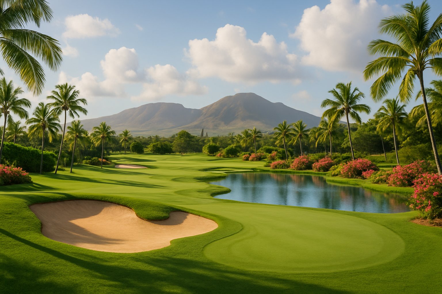 A peaceful golf course with green fairways, palm trees, a sand bunker, a water hazard, and distant mountains under a partly cloudy sky.