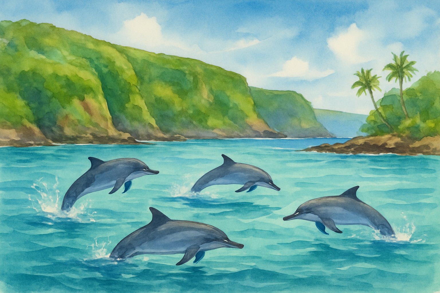 A coastal scene showing dolphins swimming and leaping near the shore with green cliffs and clear blue water under a bright sky.