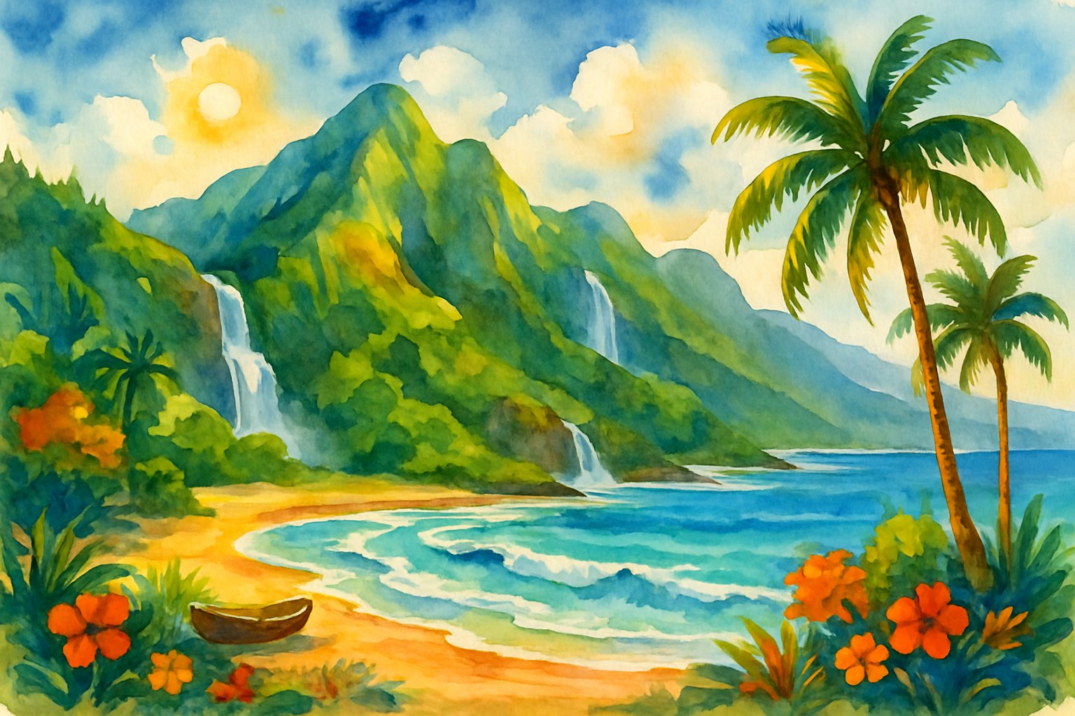 A tropical beach with palm trees, colorful flowers, mountains, waterfalls, and a small boat near the water.
