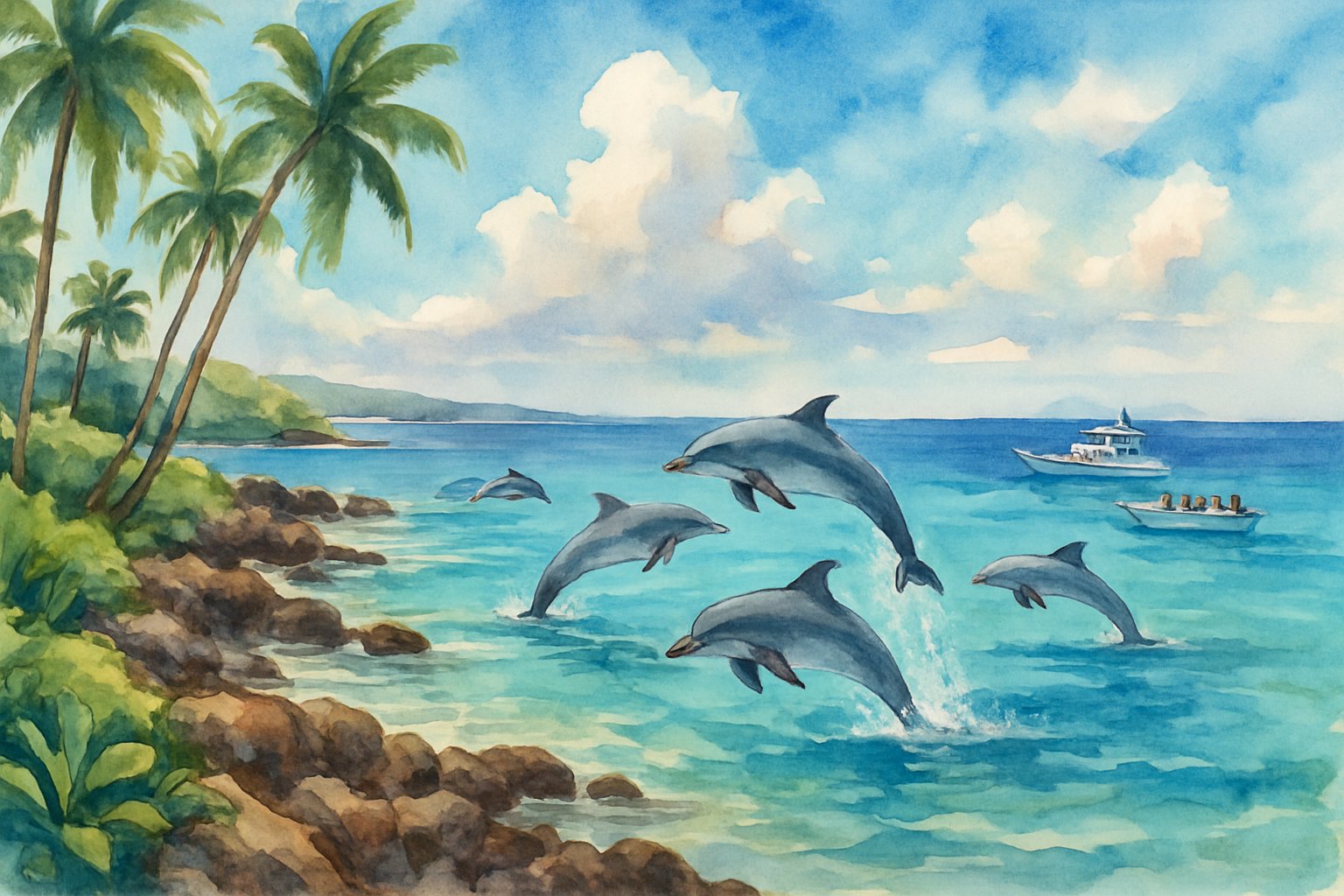 A coastal scene with rocky shore, palm trees, clear blue water, and dolphins swimming and leaping near the shore with boats in the distance.