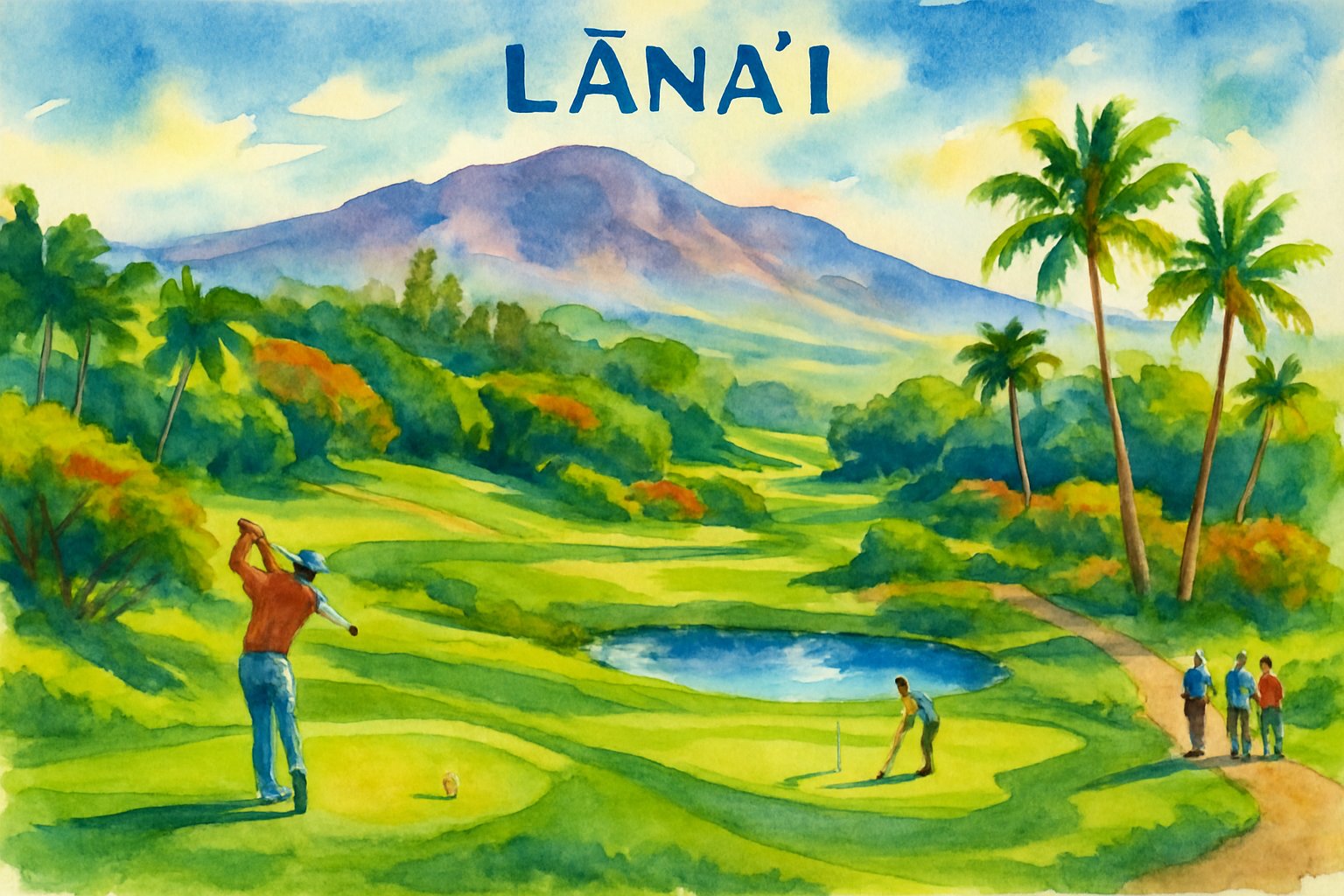 A golf course with green fairways, palm trees, mountains in the background, and people playing golf.