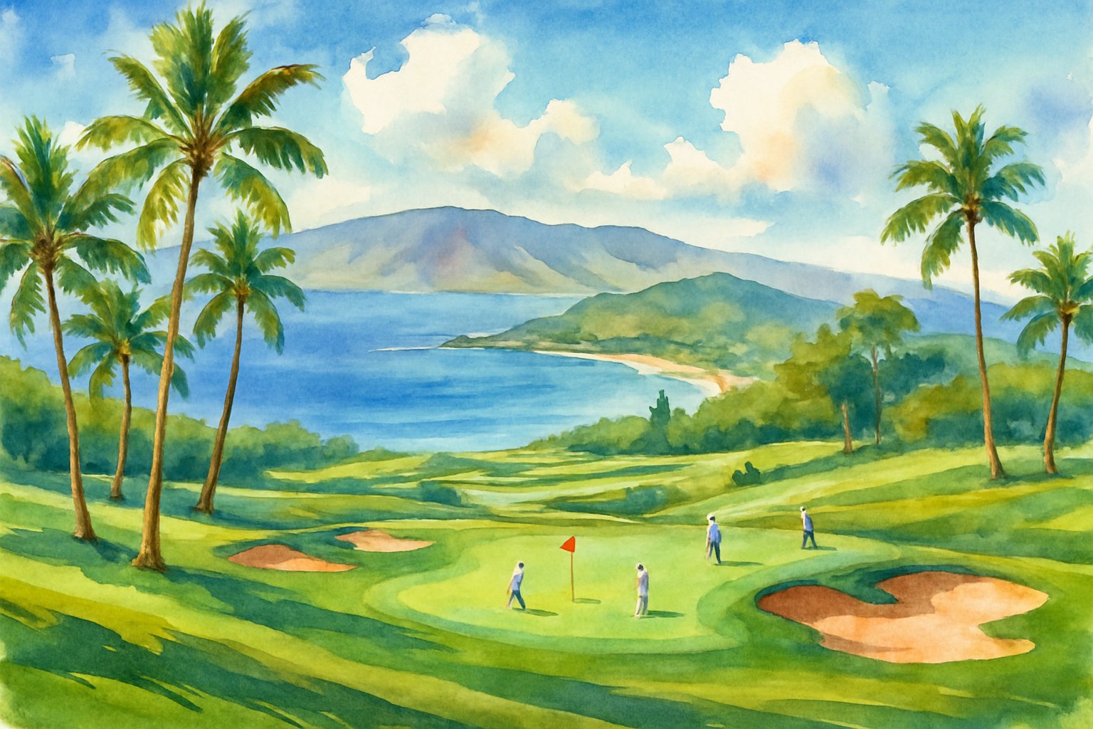 A tropical golf course with green fairways, palm trees, ocean views, and distant islands under a blue sky.