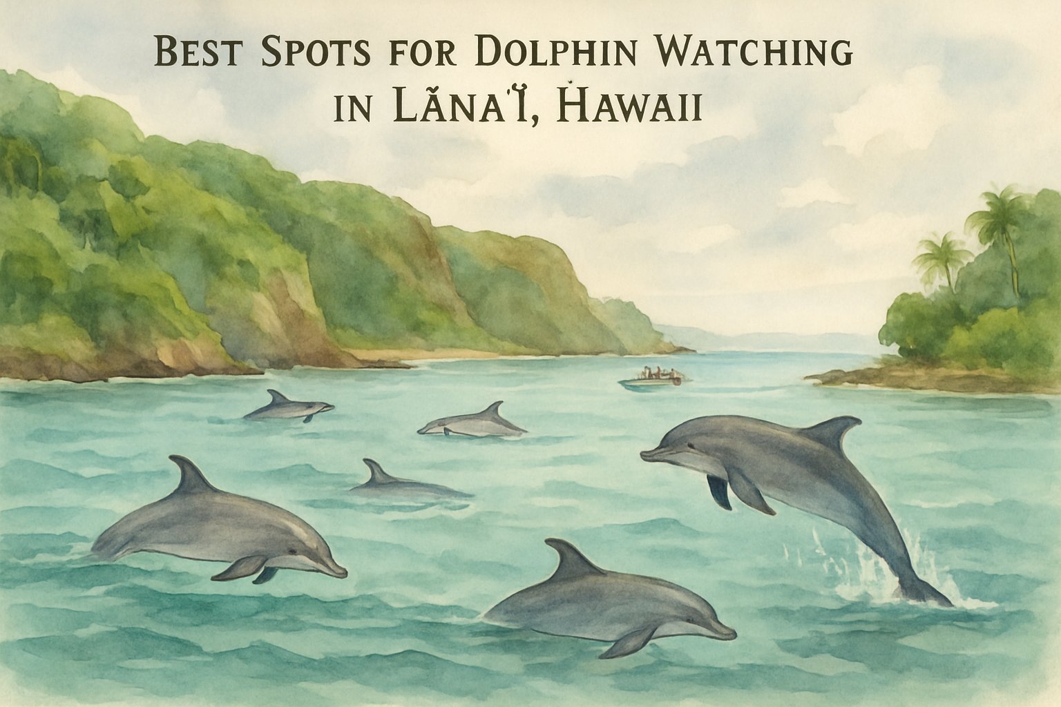 A peaceful coastal scene showing dolphins swimming near the shore with green cliffs and boats in the distance.