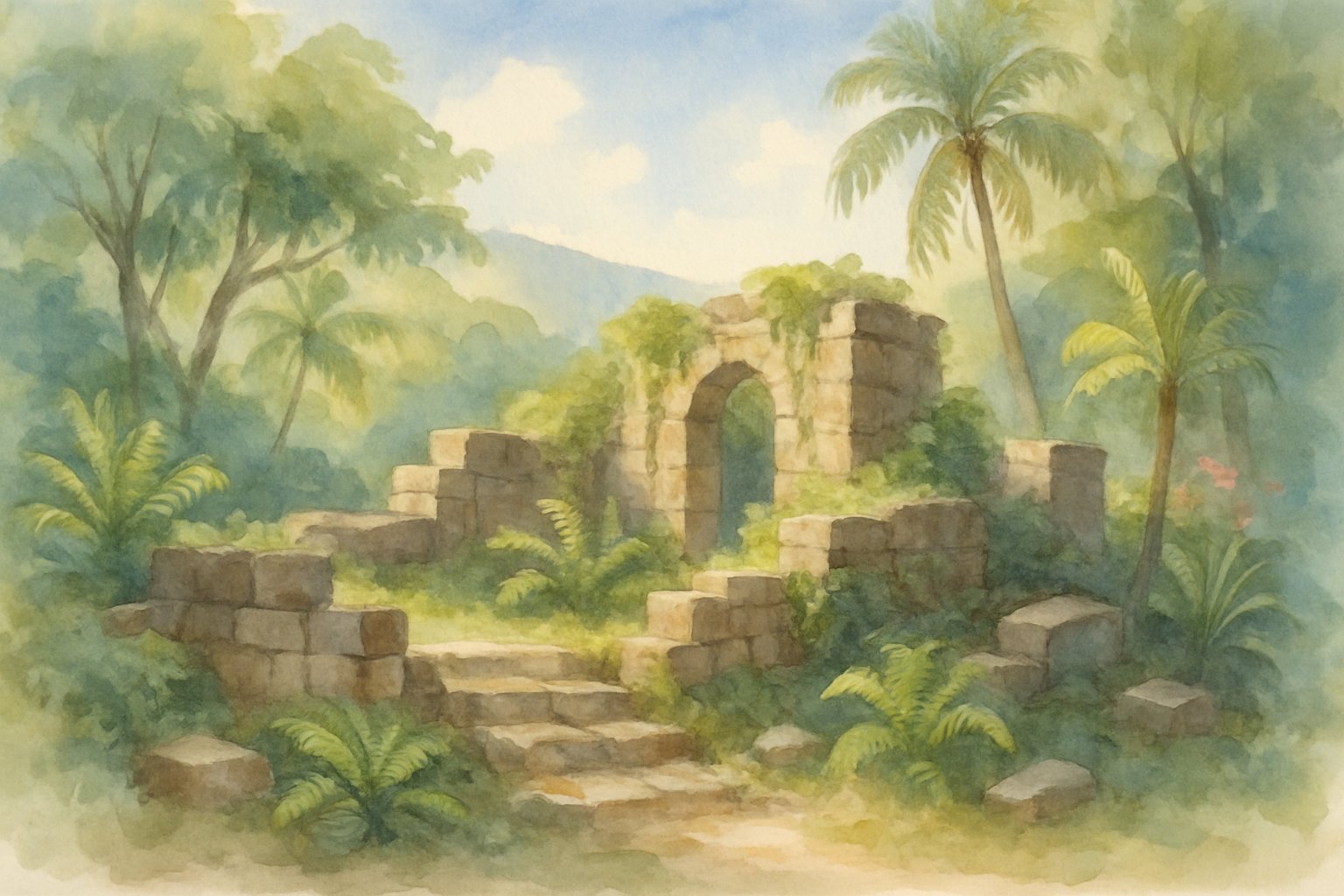 Ancient stone ruins surrounded by tropical plants and trees on a peaceful hillside under a clear sky.