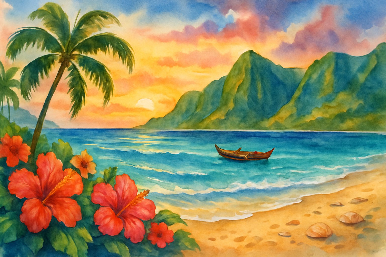 A tropical beach scene with palm trees, colorful flowers, a calm ocean, a canoe near the shore, and distant green cliffs under a sunset sky.