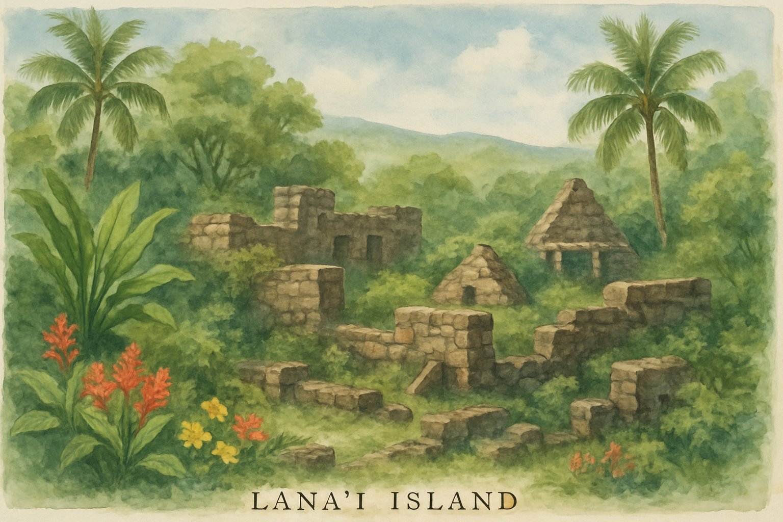 A tropical landscape showing ancient stone ruins surrounded by dense greenery and palm trees with hills in the background.