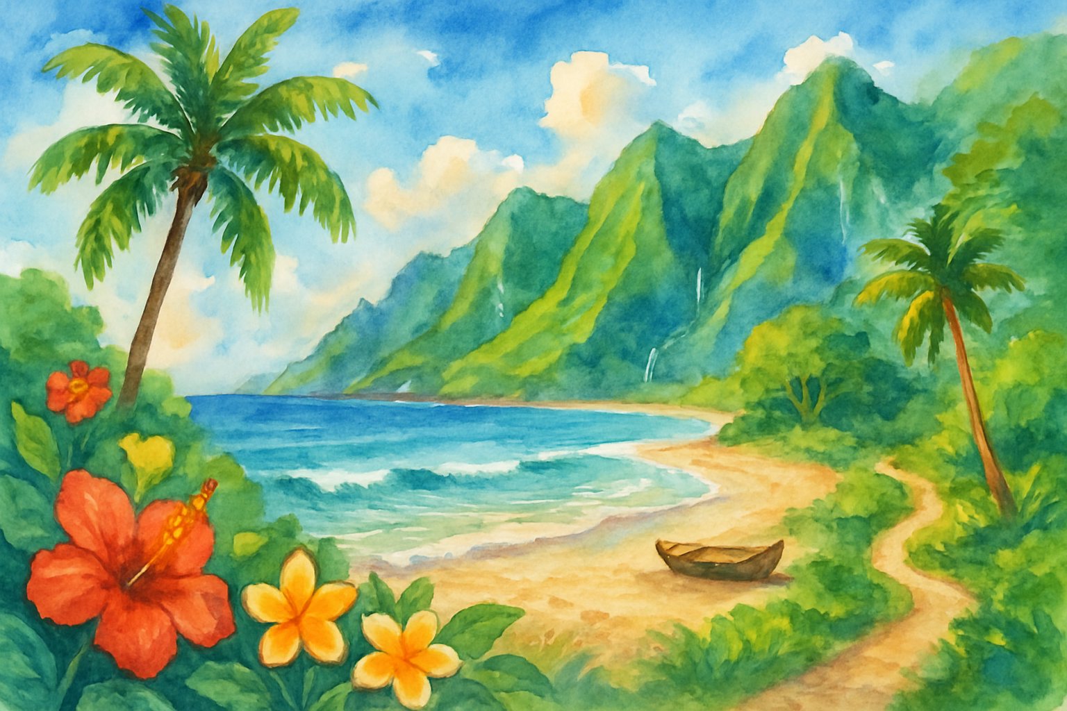 A tropical beach scene with turquoise water, white sand, green mountains, waterfalls, palm trees, and colorful flowers.