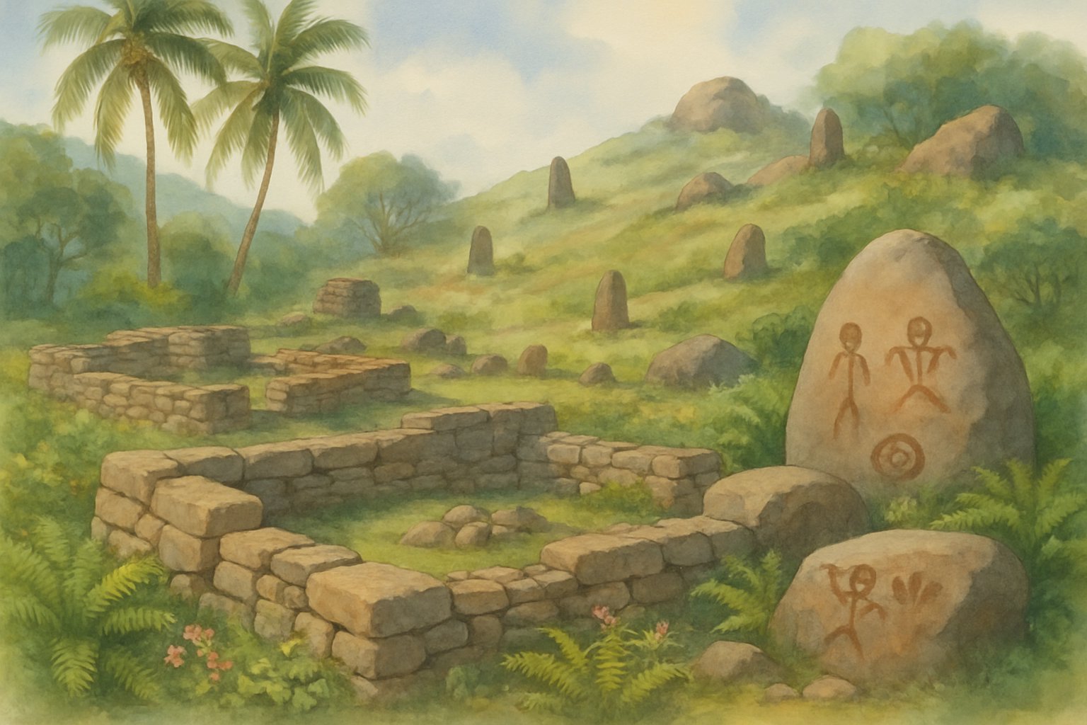 A peaceful landscape showing ancient stone ruins and petroglyphs surrounded by tropical plants and palm trees on a hillside.