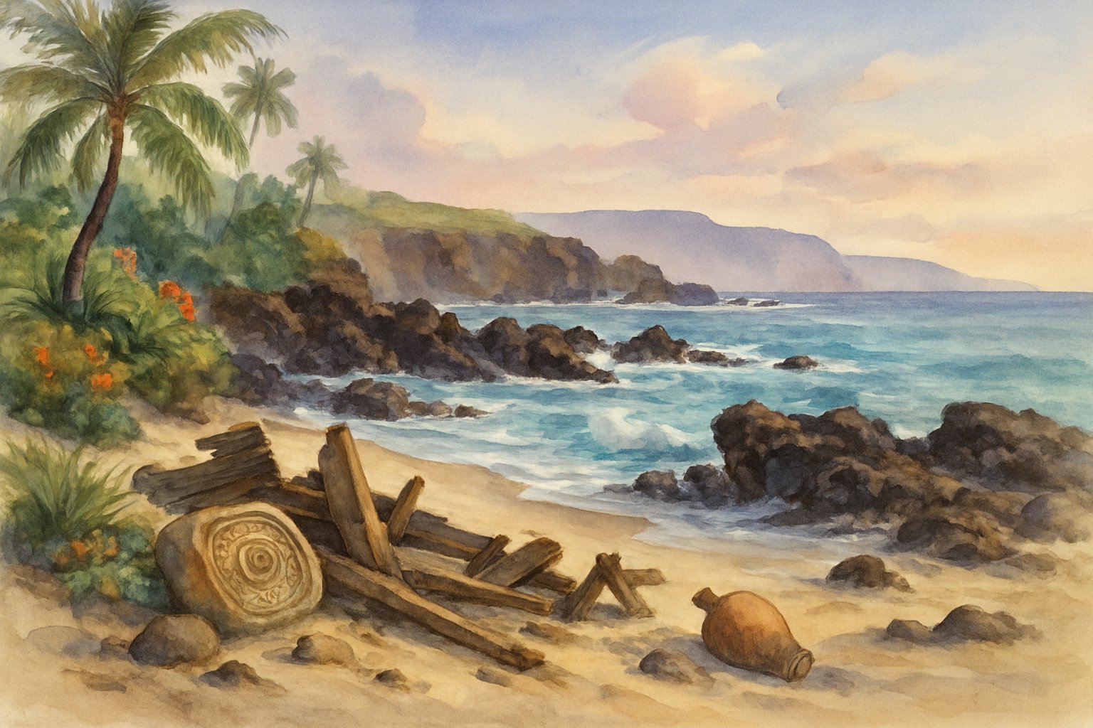 A rocky beach with turquoise waves, scattered wooden shipwreck debris, ancient artifacts on the sand, tropical plants, and distant cliffs under a soft sky.