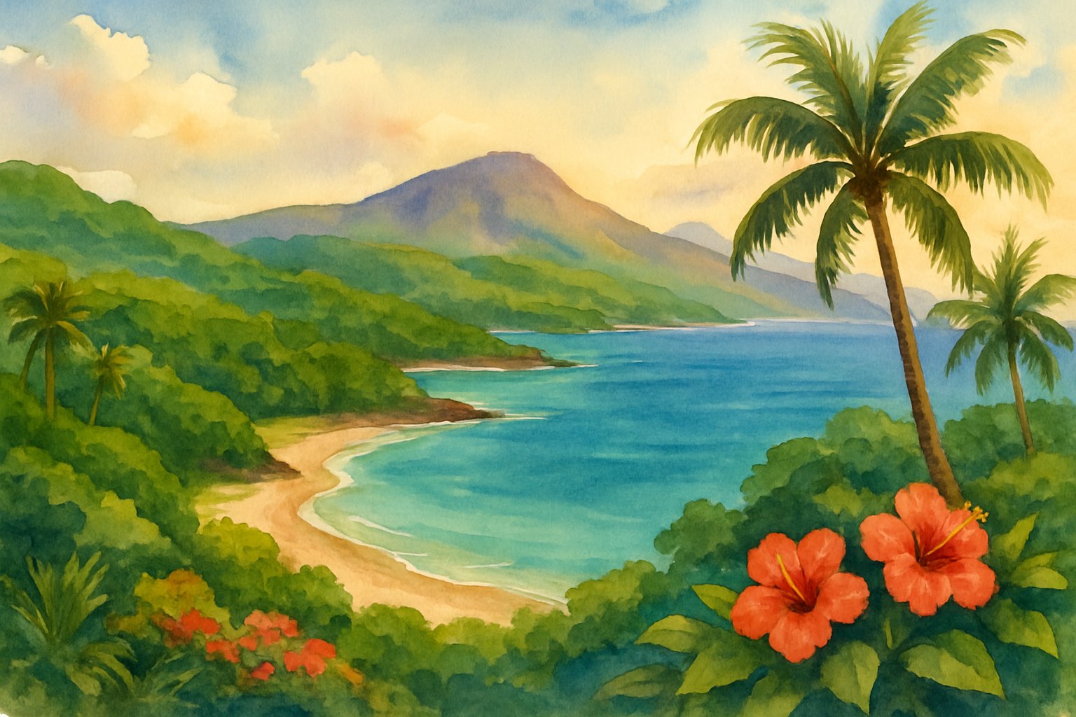 A tropical island with green forests, sandy beaches, palm trees, and mountains under a partly cloudy sky.