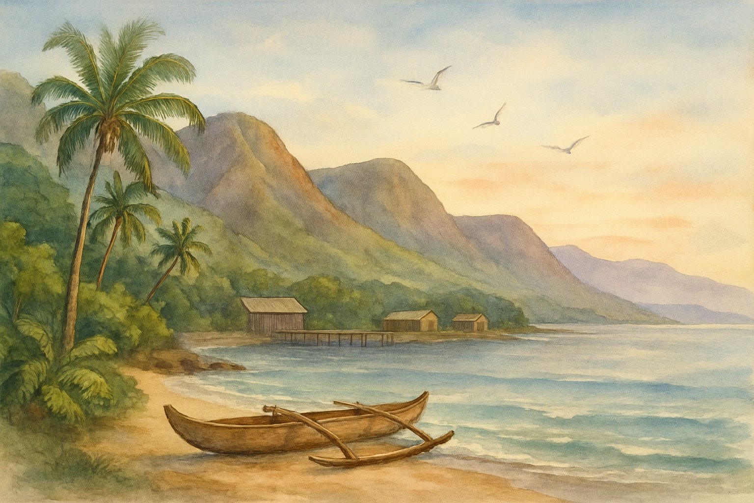 A peaceful tropical island with palm trees, volcanic hills, a calm shoreline with a canoe, and a small wooden dock under a soft sunrise sky.