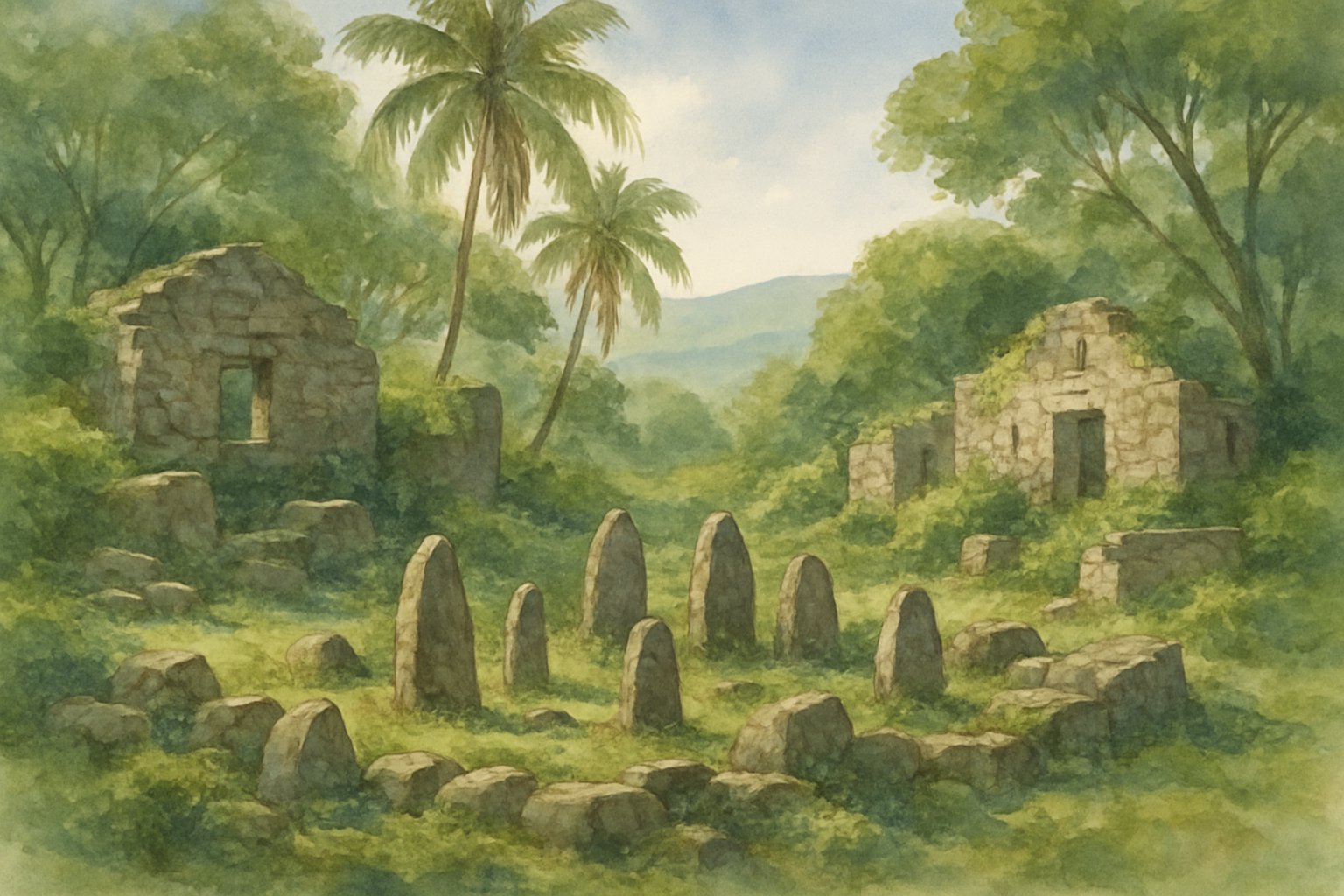 An ancient settlement with weathered stone structures and standing stones surrounded by tropical plants and palm trees, set against rolling hills and a clear sky.