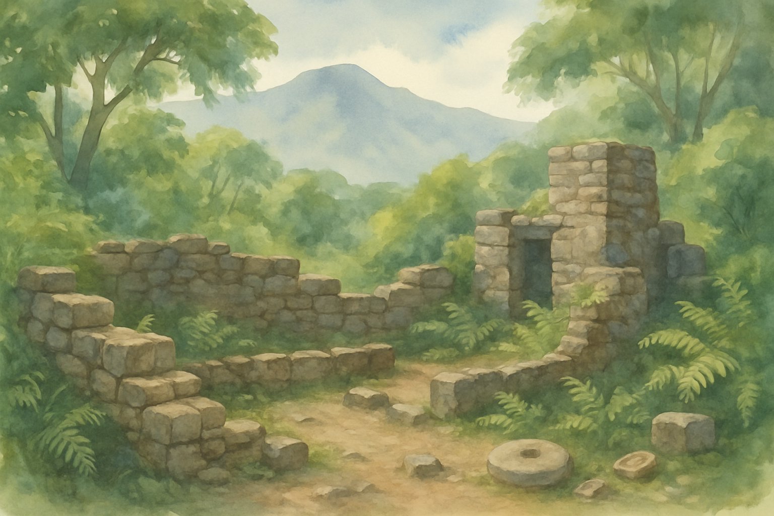 Ancient stone ruins surrounded by tropical plants and mountains in the background.