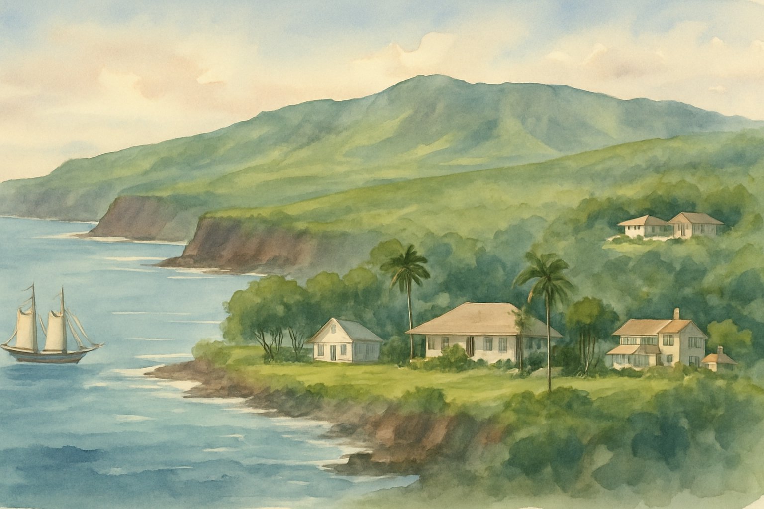 A peaceful island landscape showing Lanai's coastline, lush greenery, and ocean with elements representing different historical periods, including old ships, plantation buildings, and modern houses.