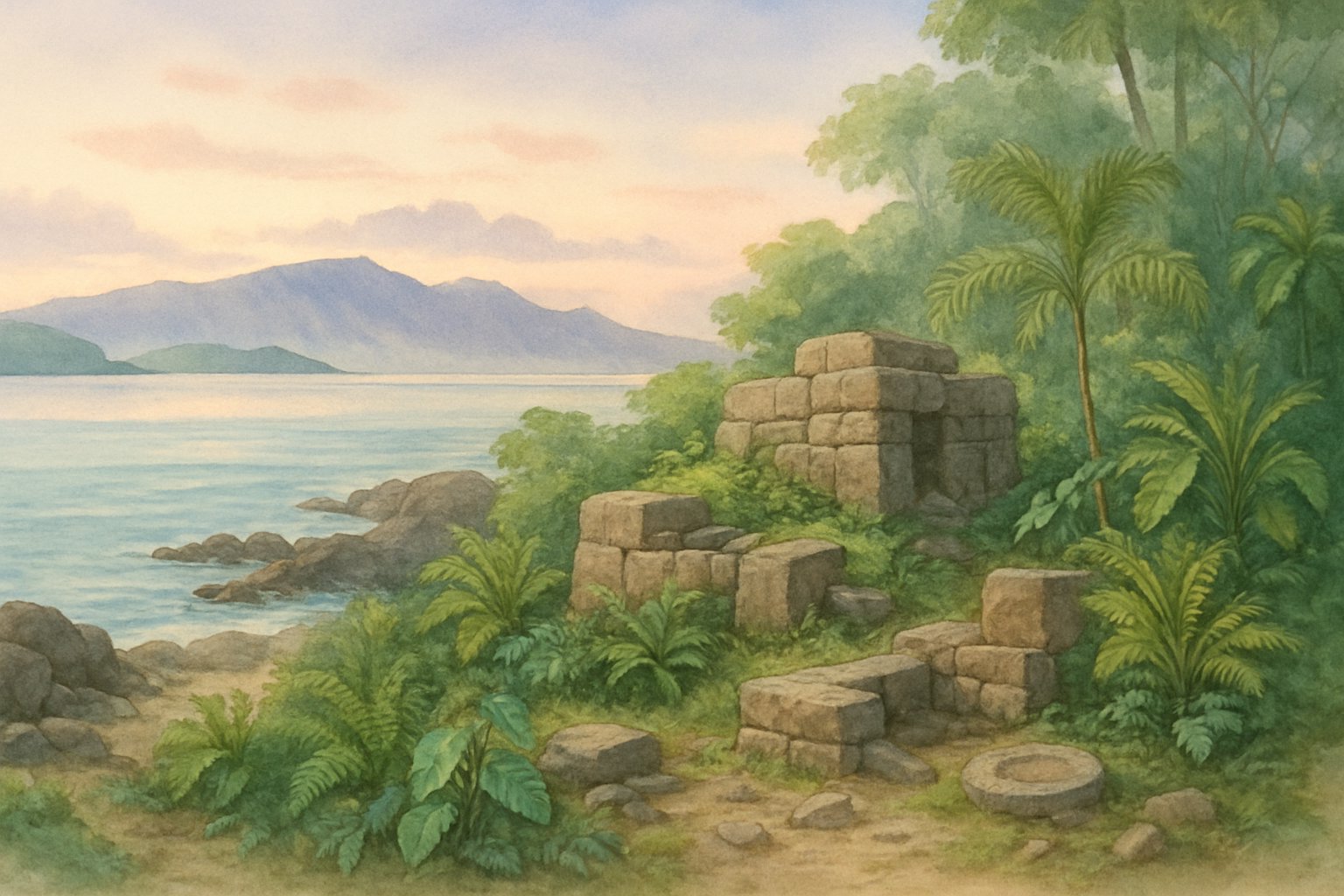 A peaceful coastal scene showing ancient stone ruins surrounded by tropical plants with nearby islands visible across calm blue water under a soft sky.