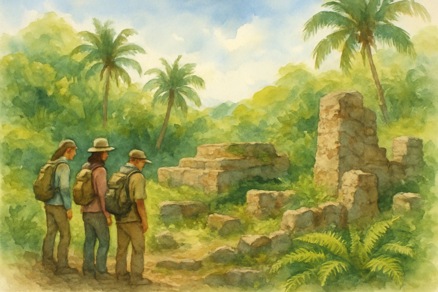 Ancient stone ruins surrounded by tropical plants with a few people observing the site respectfully under a clear sky.