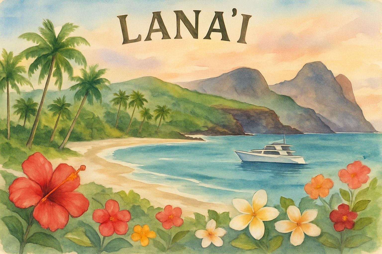 A peaceful tropical island with white sandy beaches, palm trees, green hills, and a yacht anchored near the shore under a soft sunrise sky.