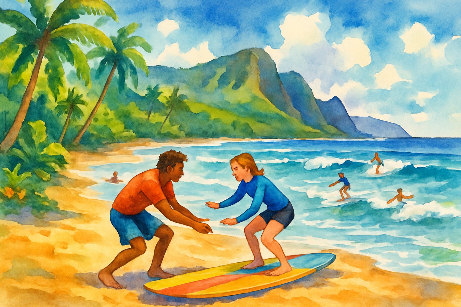A beach scene with people learning to surf near the shore, surrounded by palm trees and ocean waves.