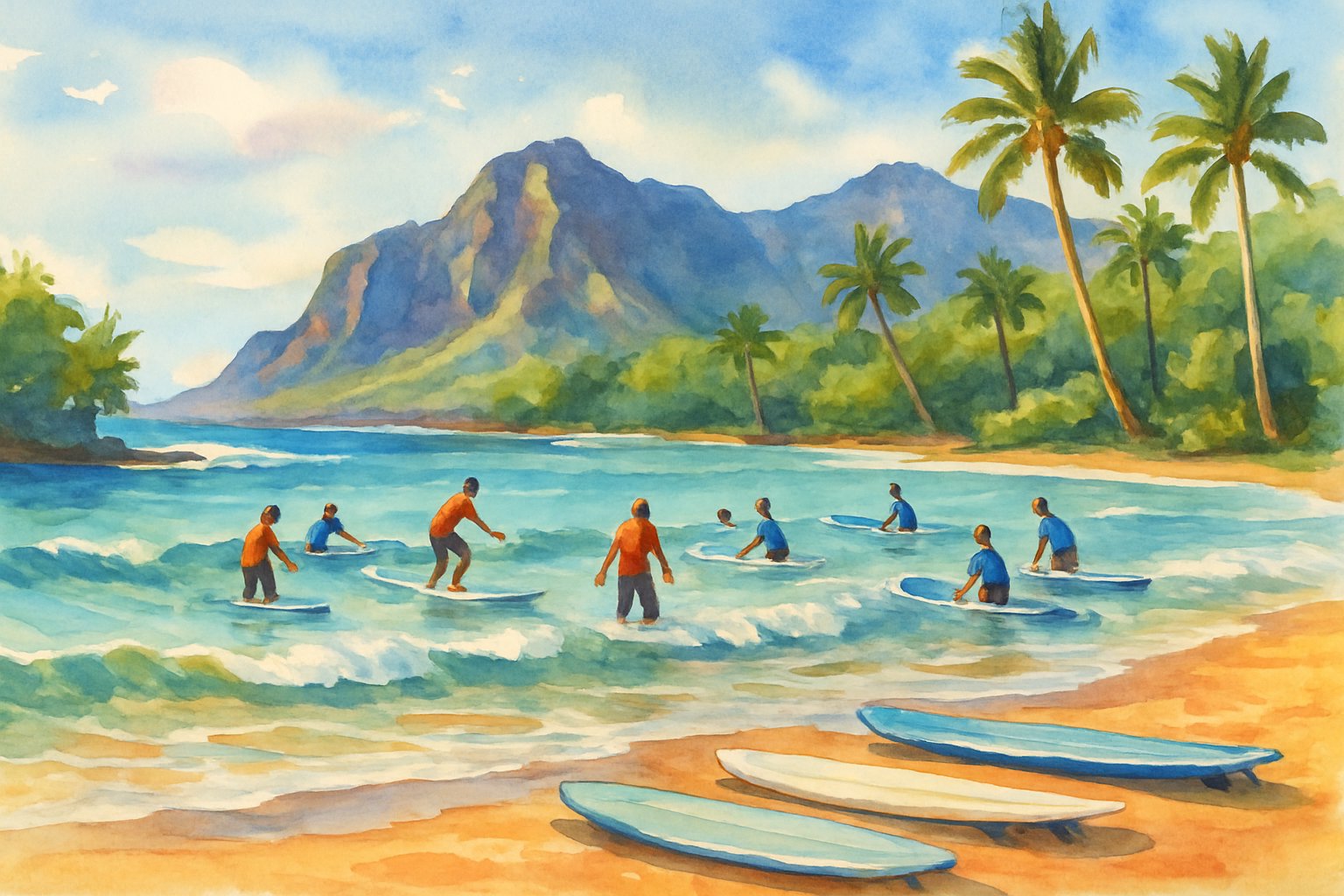 A coastal scene with people learning to surf in shallow ocean waves near a sandy beach surrounded by tropical trees and distant cliffs.