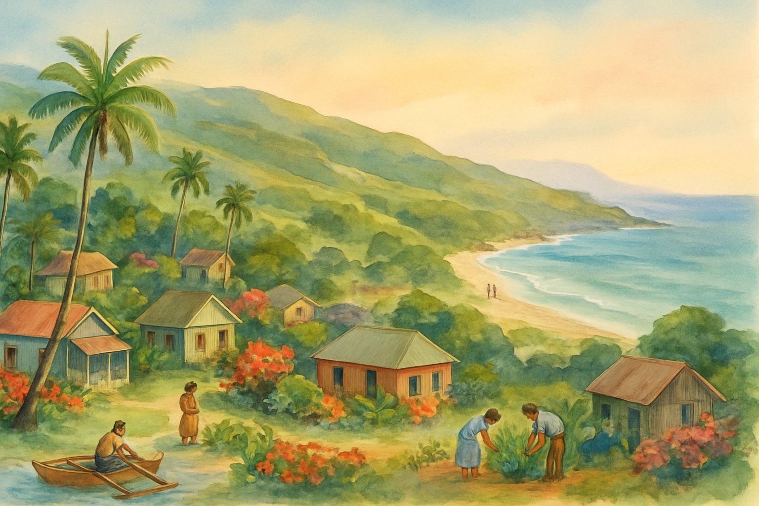 A peaceful Hawaiian island village with homes, palm trees, hills, beaches, ocean, and people engaging in daily activities.