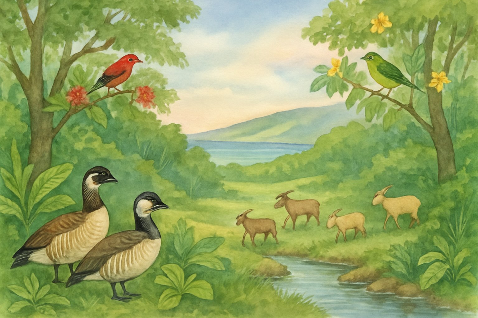 A peaceful island landscape with green forests, tropical birds, wild goats near a stream, hills, and ocean in the background.