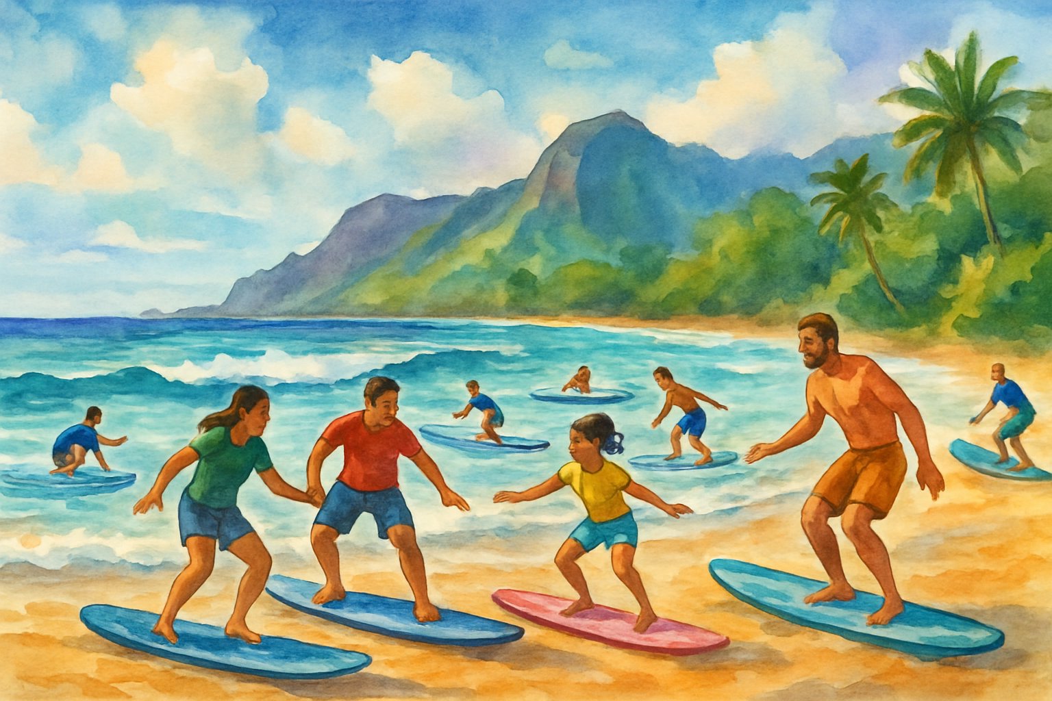 People of different ages learning to surf on a beach with gentle waves, tropical plants, and cliffs in the background.