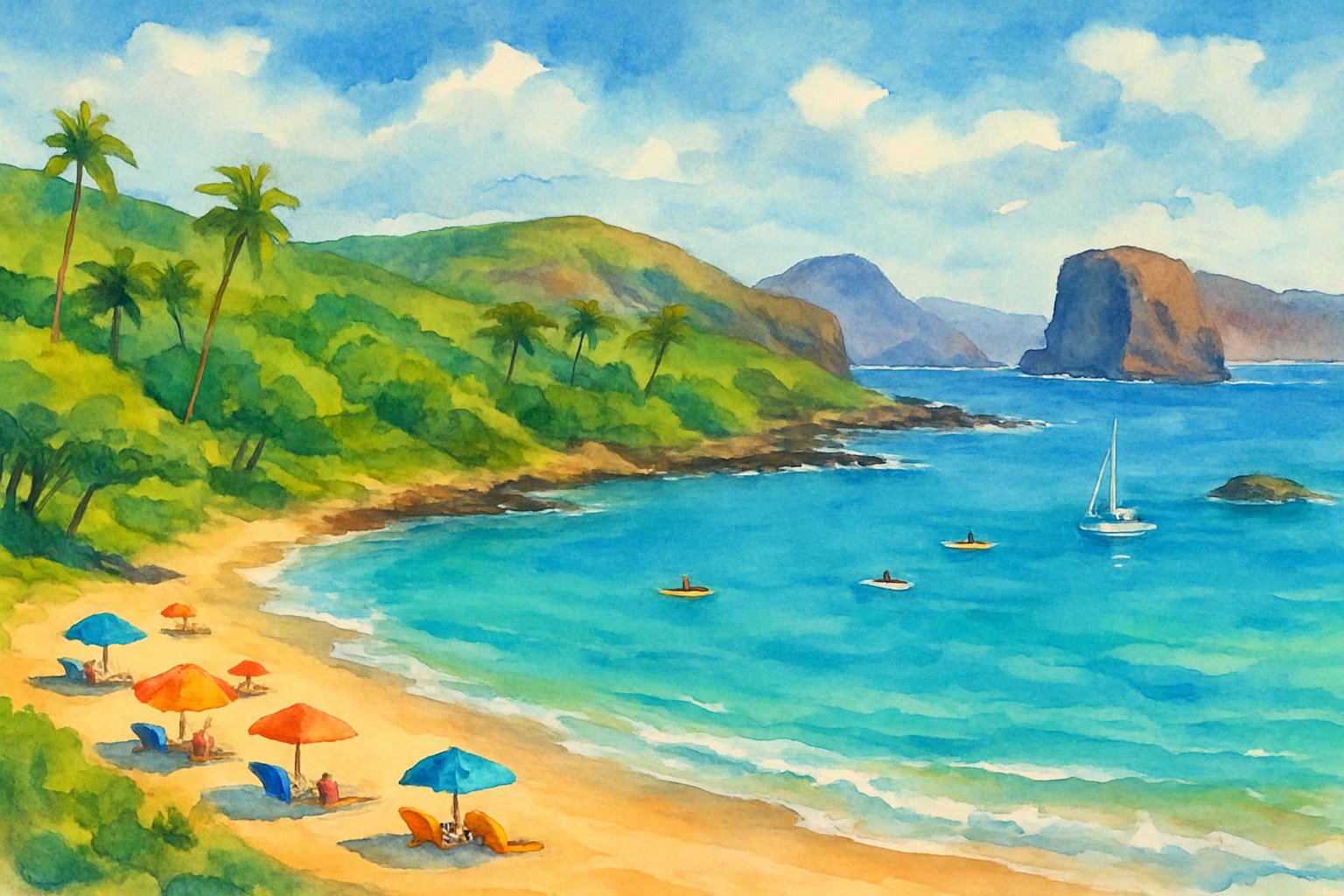 A peaceful coastal bay with turquoise water, sandy beach, green hills, palm trees, boats on the water, and distant rocky cliffs under a blue sky.
