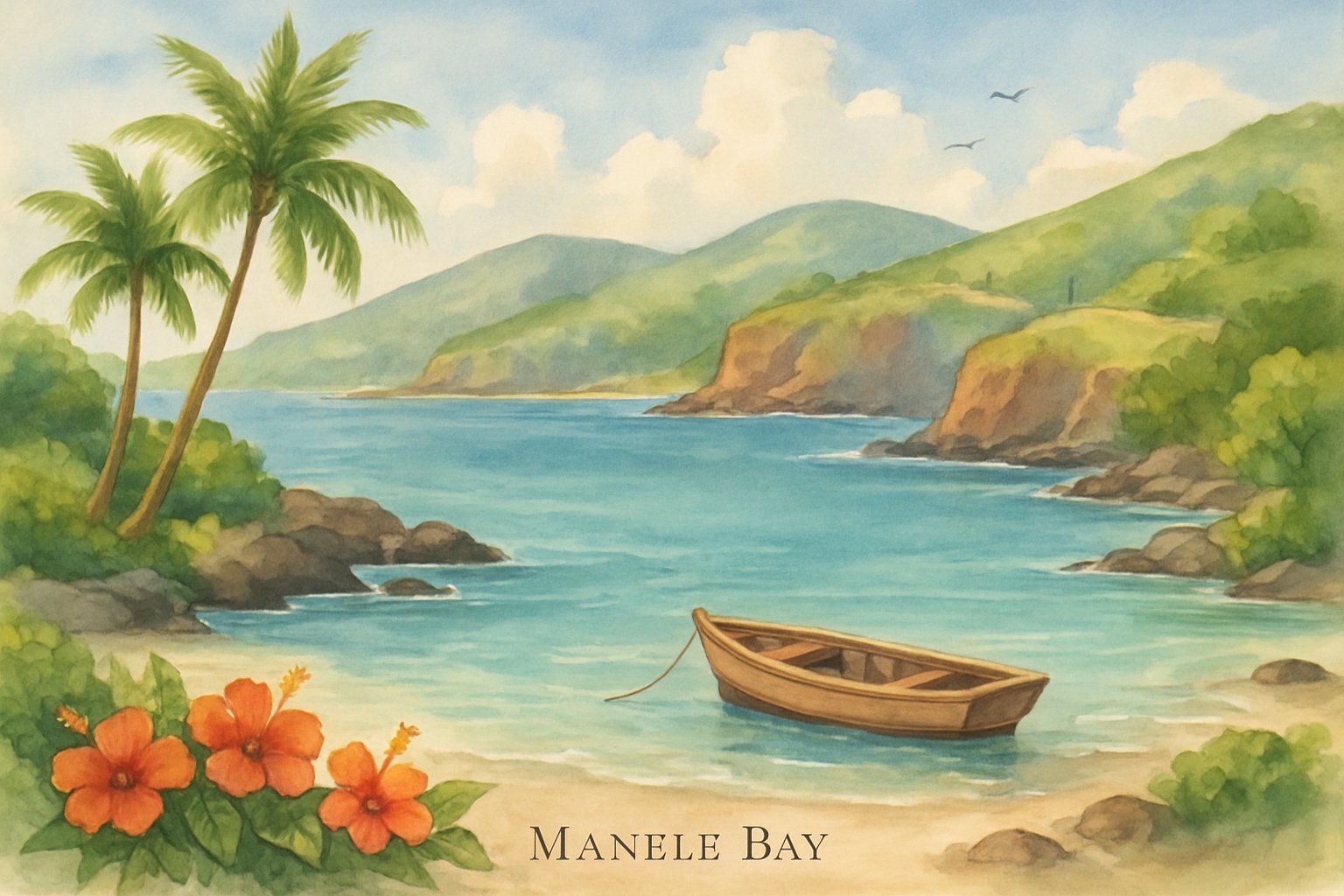 A peaceful coastal bay with turquoise water, rocky shore, palm trees, a small boat near the beach, distant hills, and seabirds flying overhead.