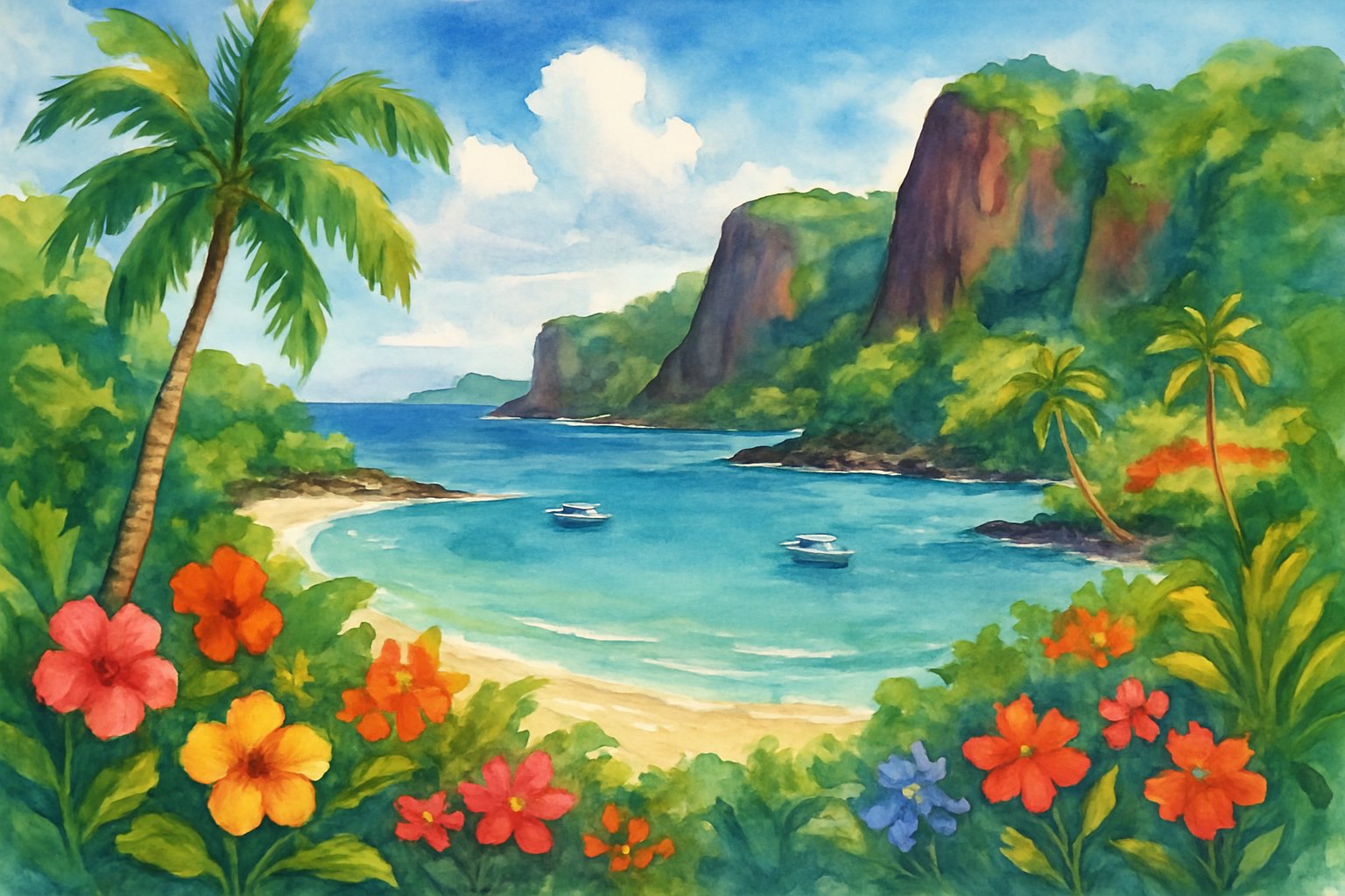 A peaceful bay with turquoise water, white sandy beaches, tropical trees, volcanic cliffs, and small boats under a blue sky.