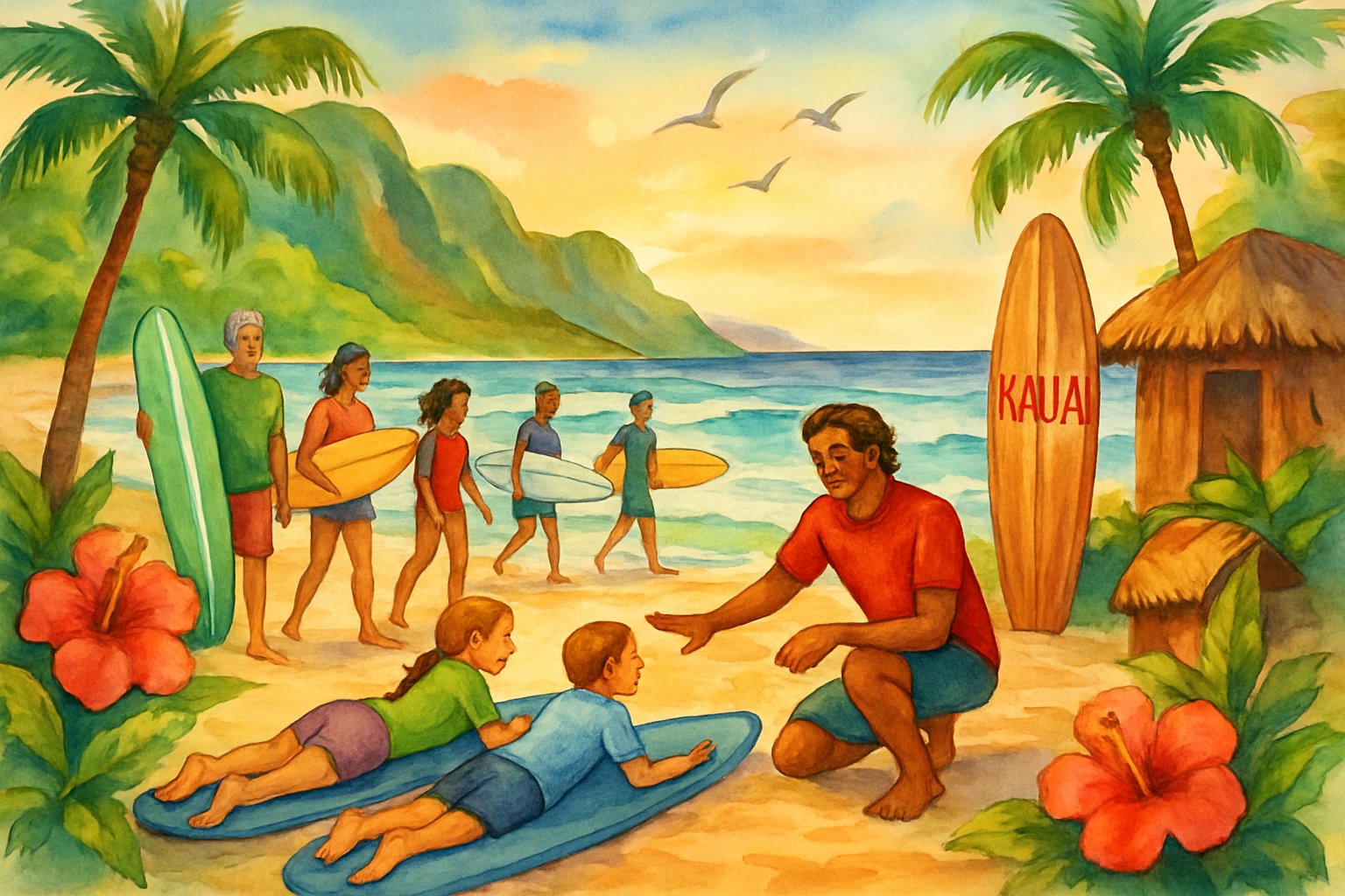 A tropical beach on Kauai with surfers preparing to ride waves and a surf instructor teaching beginners near palm trees and cliffs.