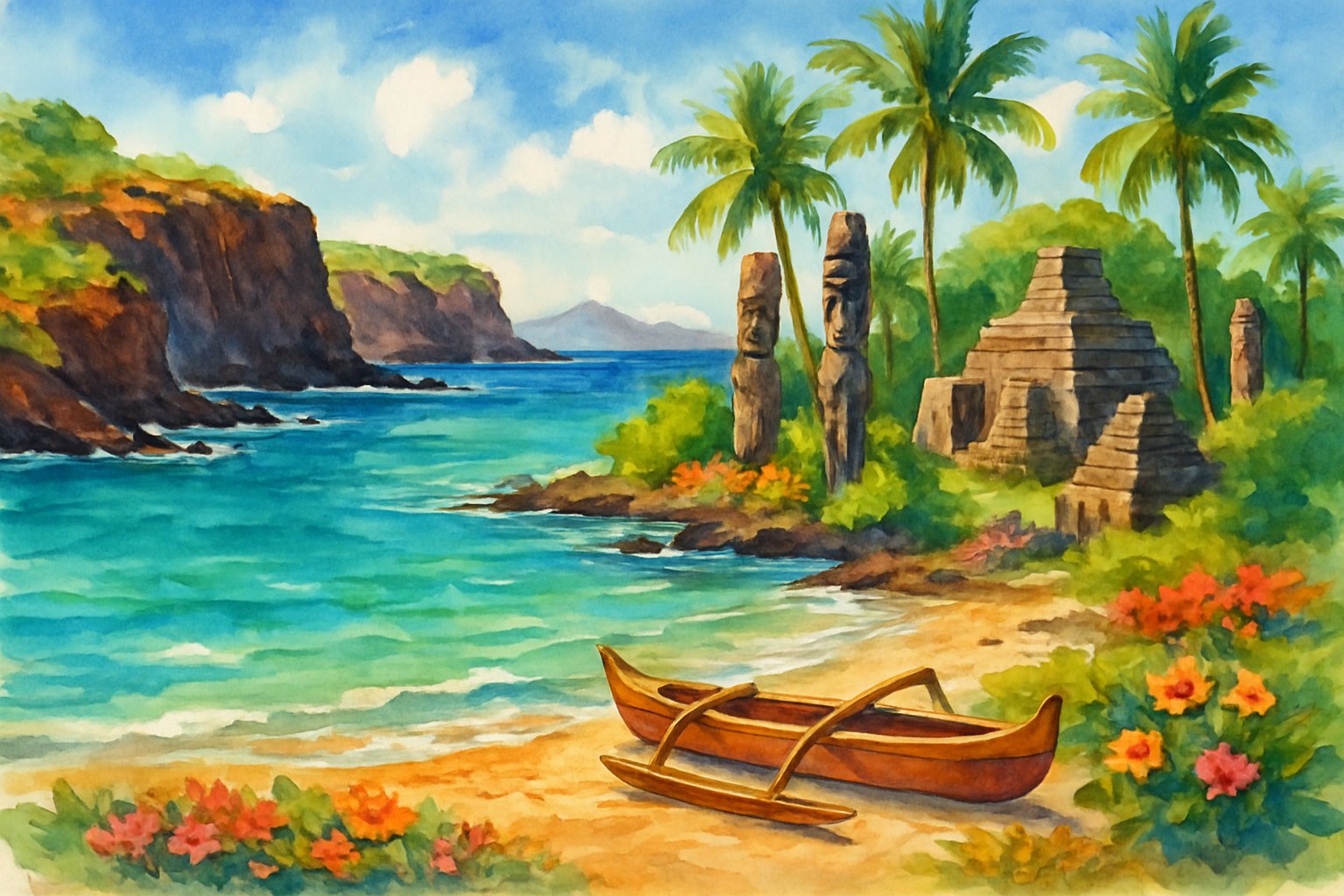 A coastal scene with turquoise water, volcanic cliffs, tropical plants, a traditional canoe on the beach, and ancient stone temples among palm trees under a blue sky.