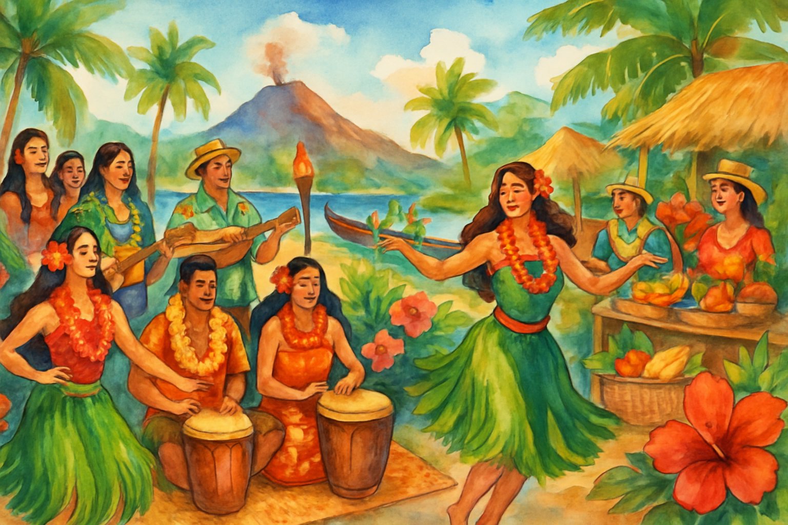 A lively outdoor scene showing people in traditional Hawaiian clothing dancing, playing music, and celebrating near palm trees and tropical flowers by the ocean.