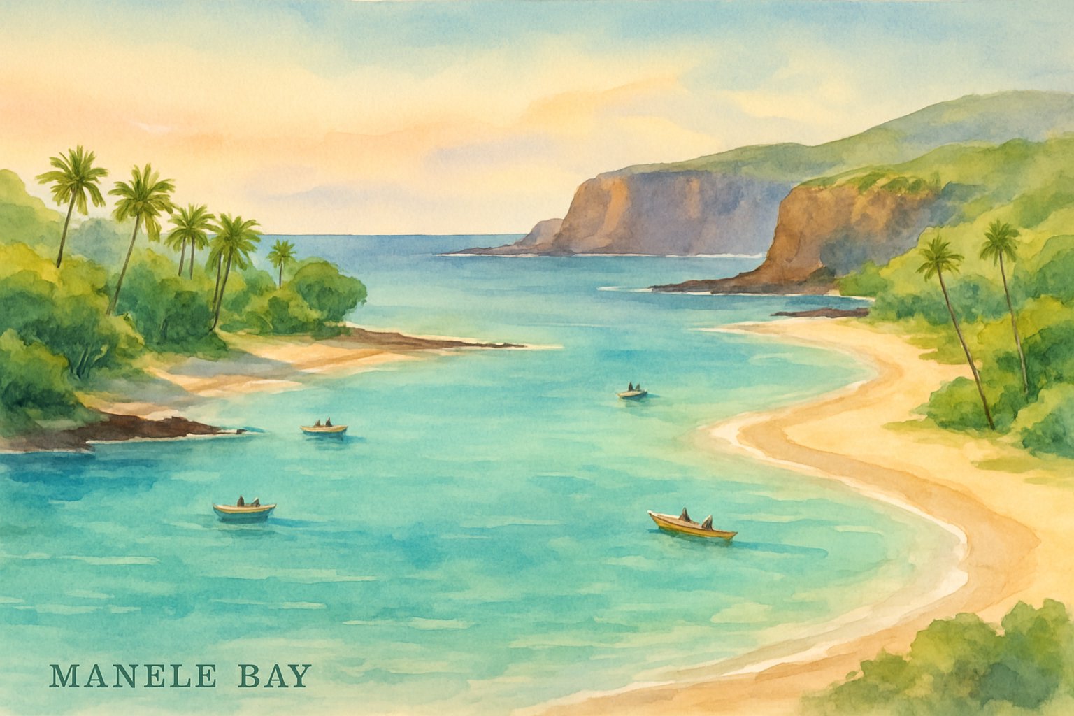 A peaceful coastal scene with clear blue water, sandy beaches, palm trees, and rocky cliffs under a colorful sky.