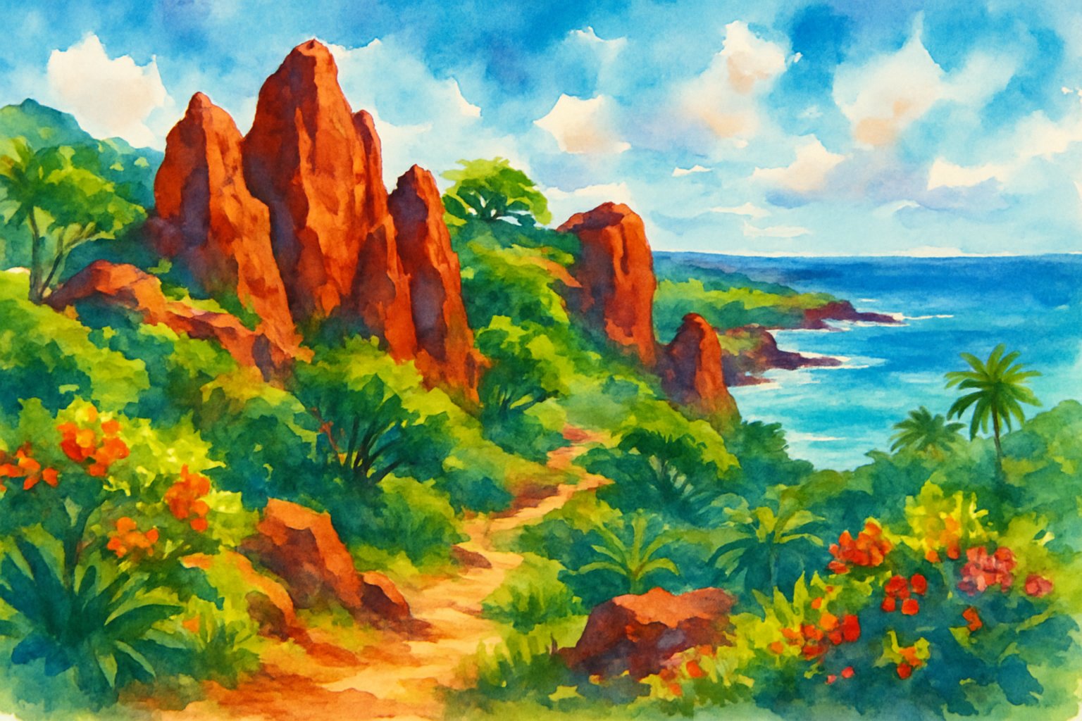 A coastal landscape with red rock formations, green plants, and turquoise ocean waters under a blue sky.