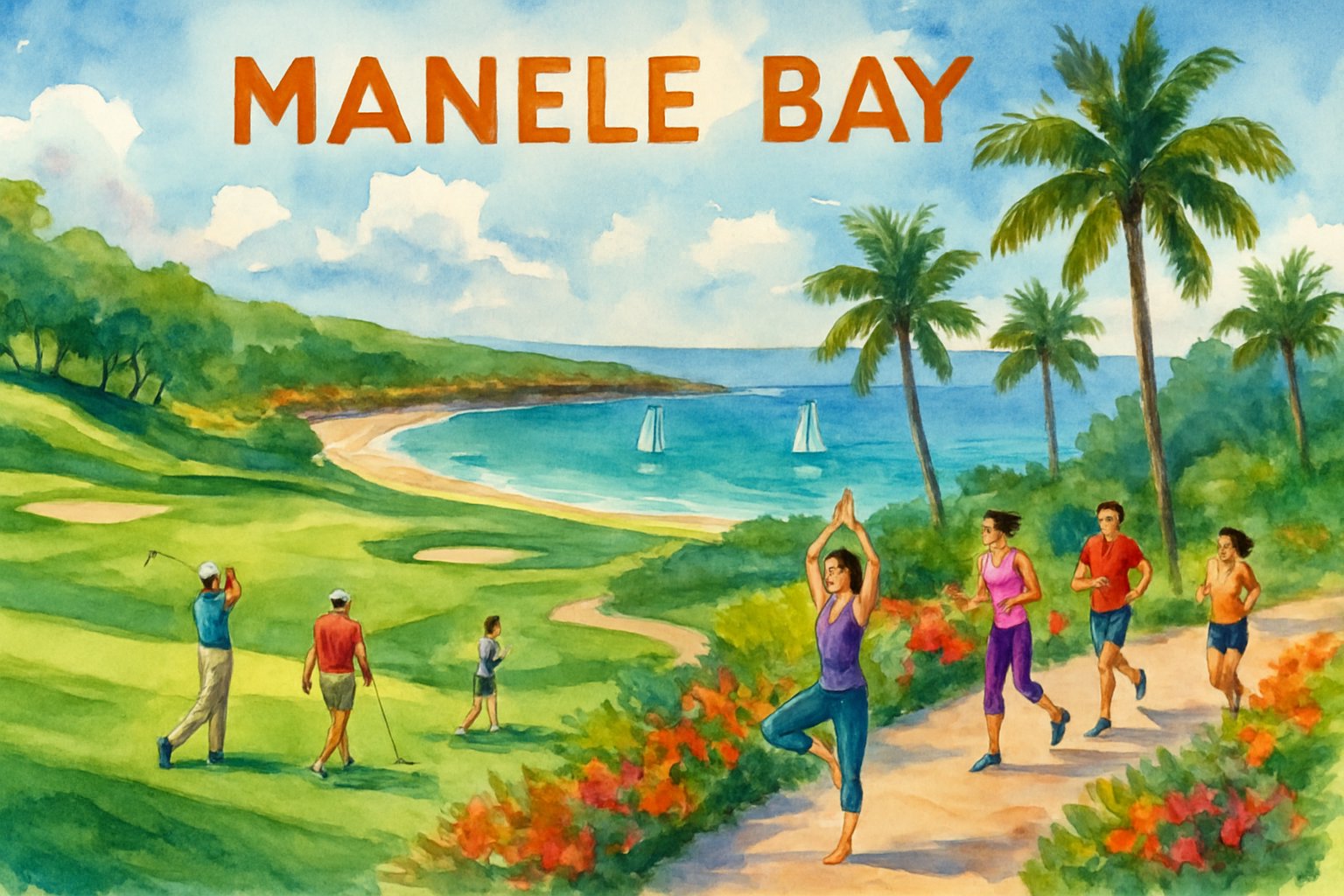 A coastal scene with a golf course, people exercising along a path with palm trees, a sandy beach, and calm turquoise water under a blue sky.