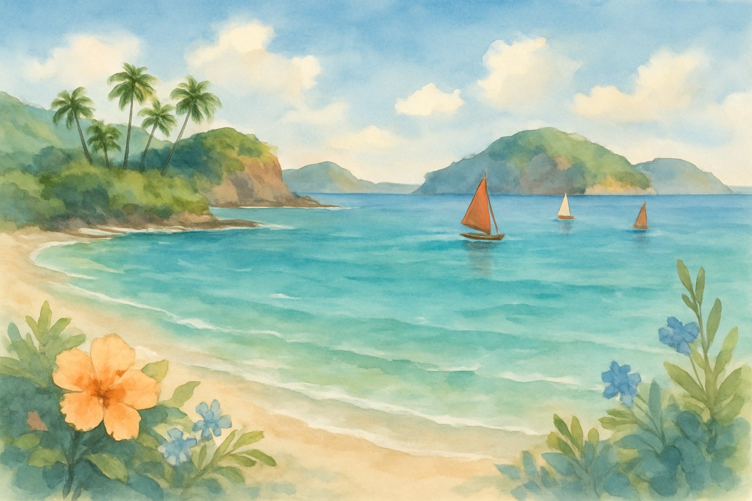 A peaceful coastal scene with turquoise waters, small green islands in the distance, boats on the water, and tropical plants along the shore.