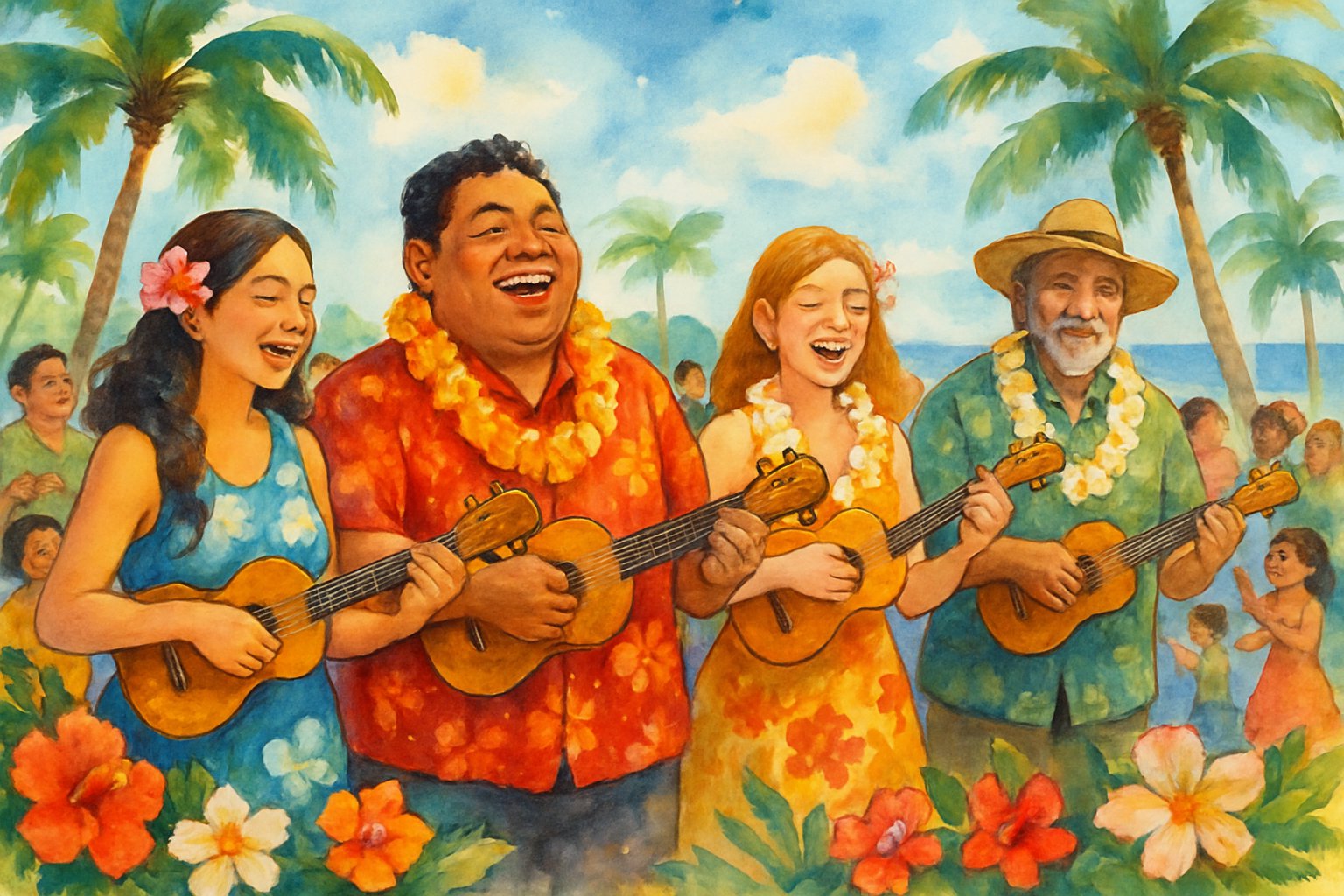 A group of people playing ukuleles and dancing outdoors near palm trees and the ocean, surrounded by tropical flowers.