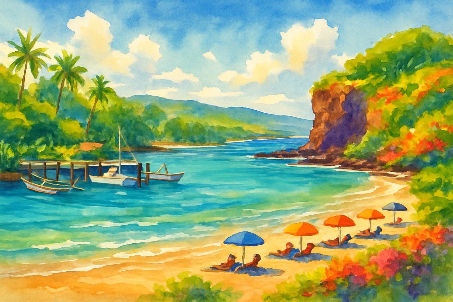 A peaceful coastal bay with clear turquoise water, sandy beach, boats on a pier, palm trees, rocky cliffs, and a bright blue sky with clouds.