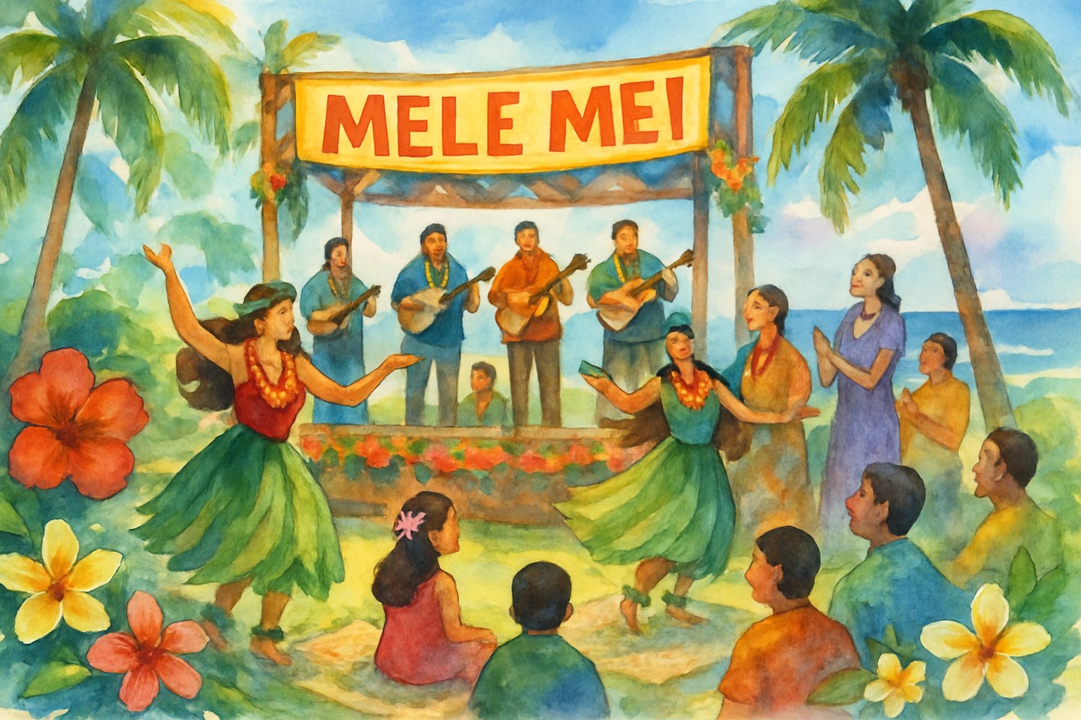 A lively outdoor Hawaiian music festival with musicians playing instruments, hula dancers performing, palm trees, tropical flowers, and people enjoying the event near the ocean.