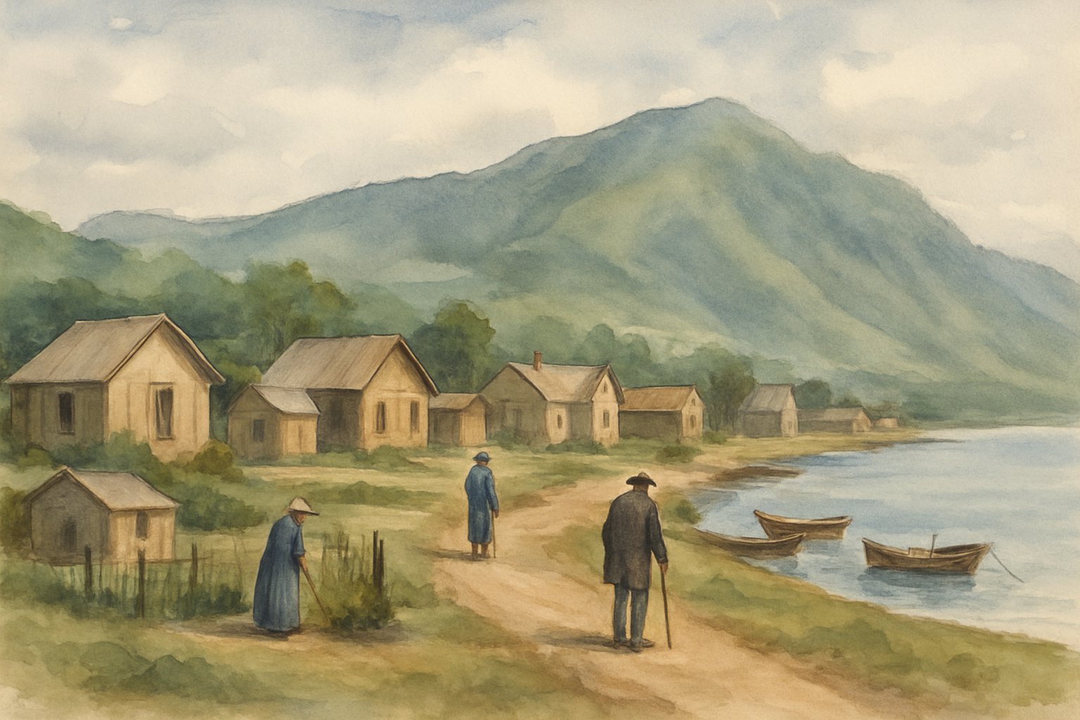 A quiet coastal village on Molokai island with wooden houses, green hills, and people walking along a path near the shore.
