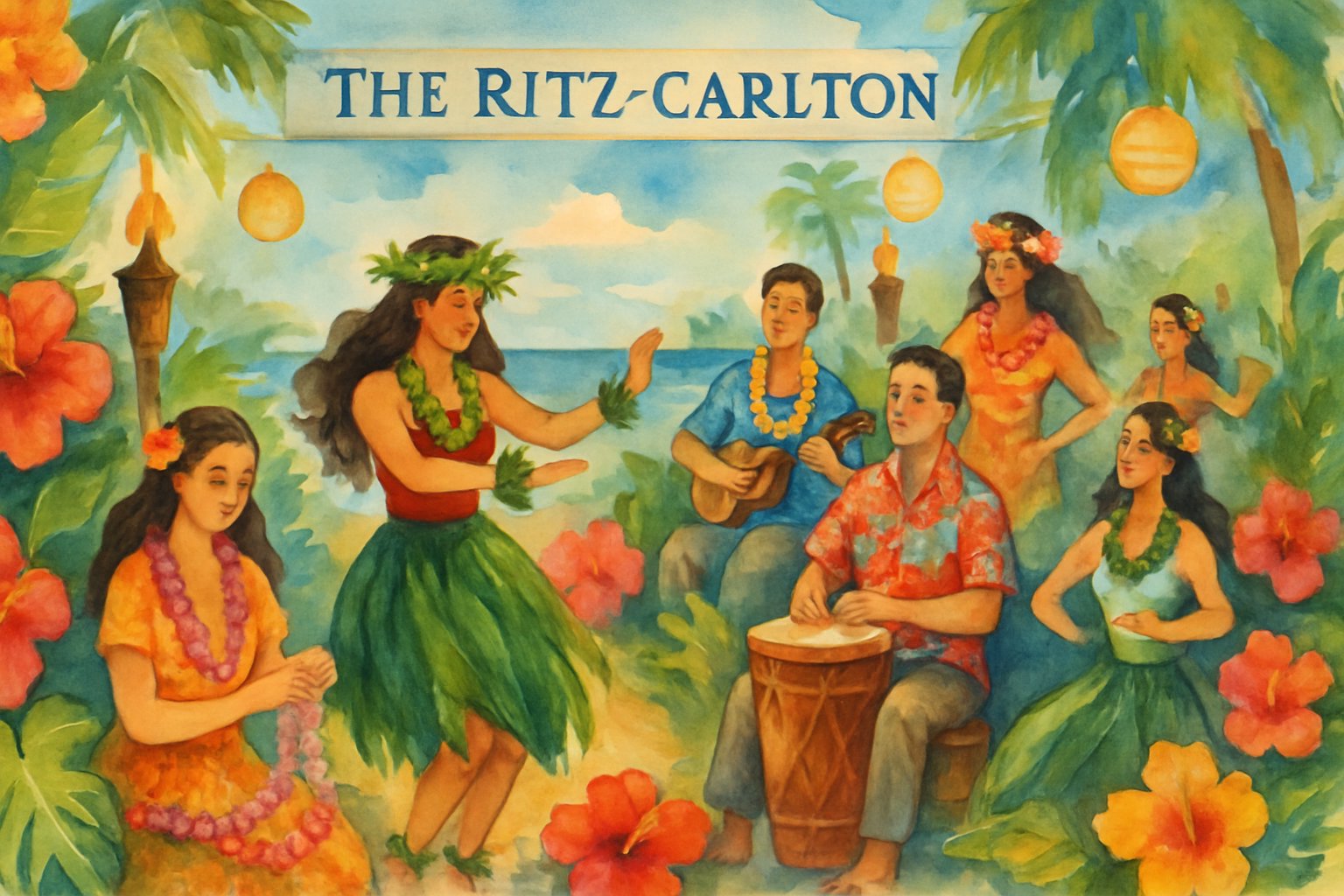A festive outdoor scene with people in traditional Hawaiian clothing dancing, playing music, and making flower leis near the ocean surrounded by tropical plants.