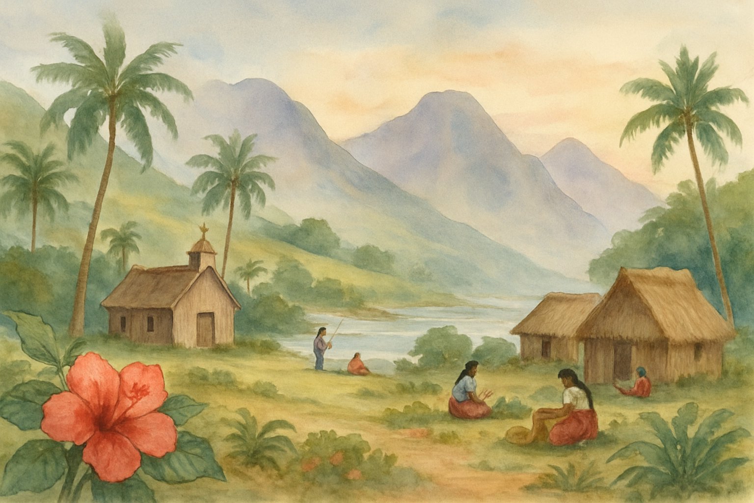 A peaceful tropical island scene with traditional Hawaiian houses, a small chapel, native plants, and people engaging in daily activities near misty mountains.