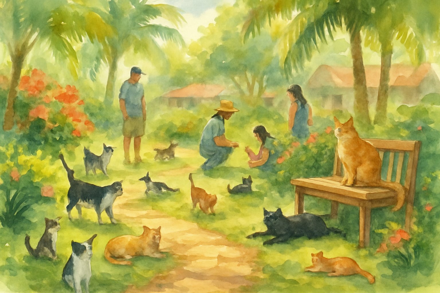 People quietly visiting a tropical garden where various cats are resting and playing among plants and benches.
