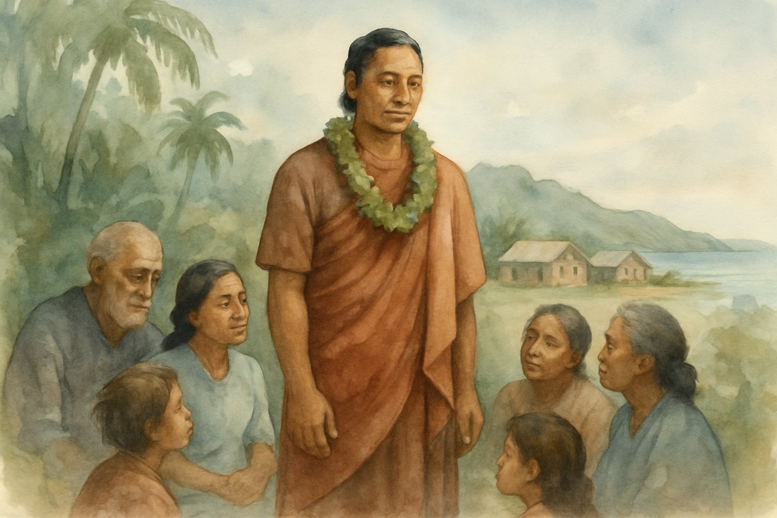 A Native Hawaiian man stands surrounded by community members near tropical trees and simple buildings by the coast, showing a scene of unity and leadership.