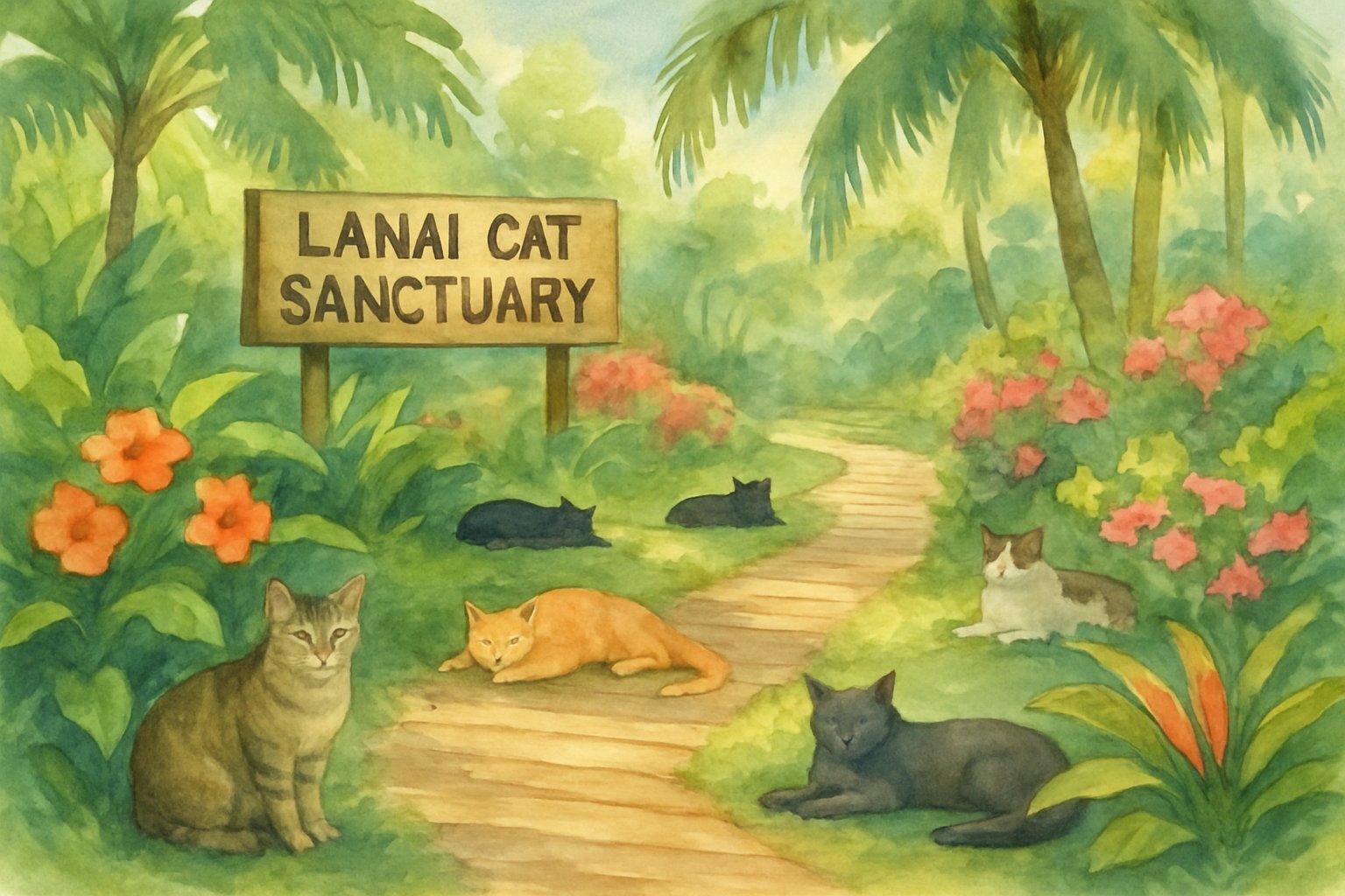 A peaceful garden scene with cats resting among tropical plants and flowers along a wooden pathway.