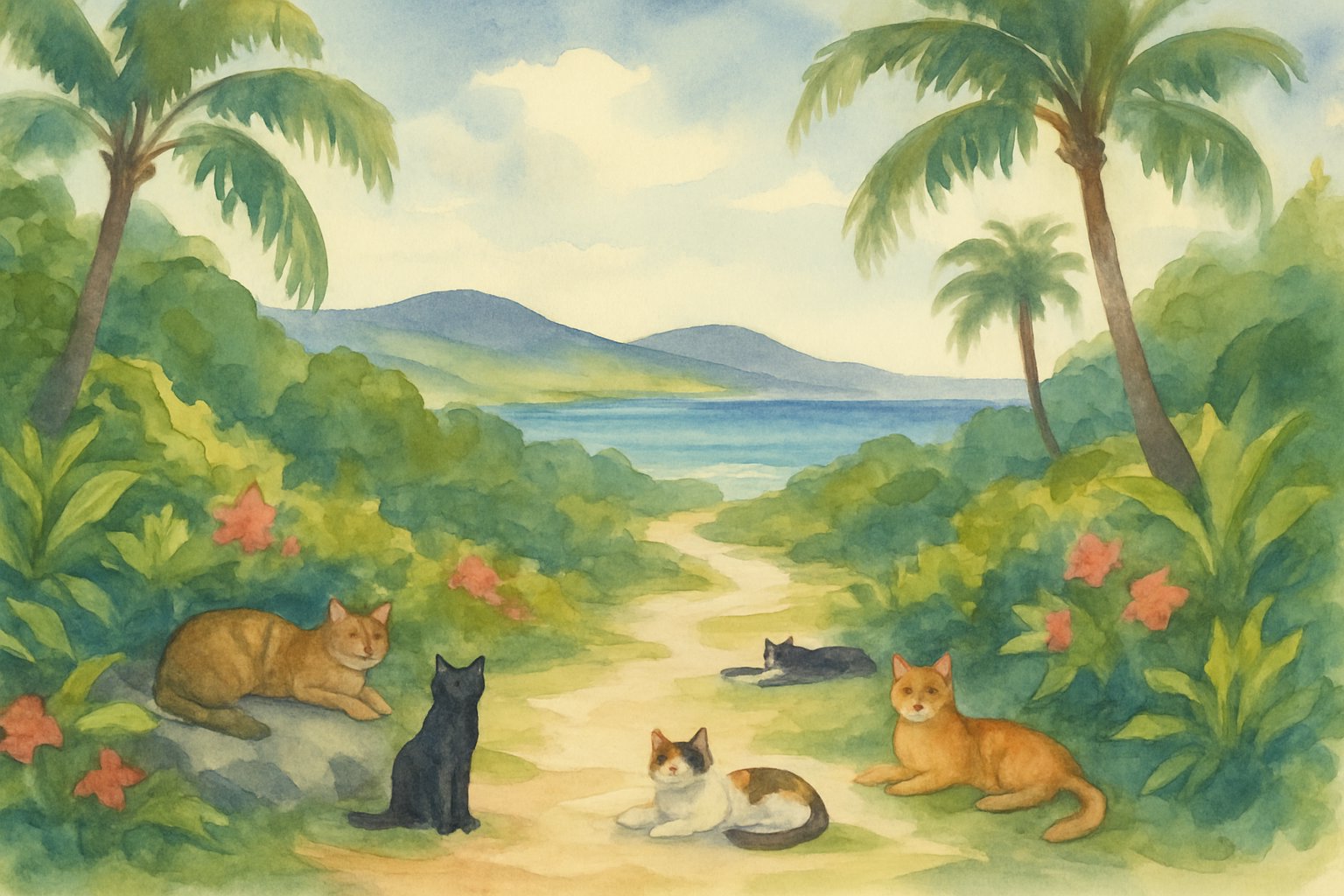 A peaceful outdoor scene on Lanai Island with cats resting and playing among tropical plants near the ocean.