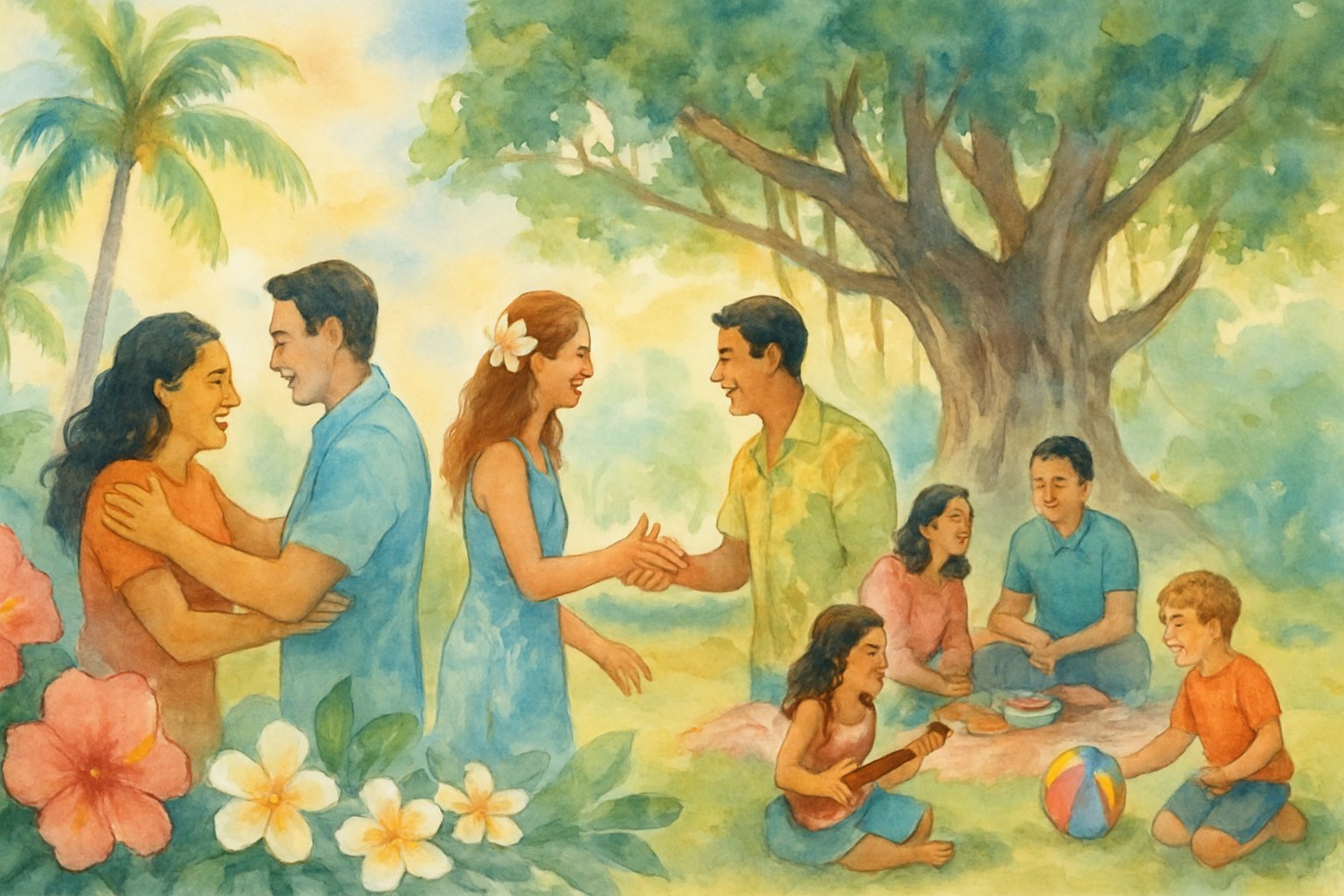 People warmly greeting each other and sharing a meal outdoors under tropical trees with flowers and sunlight.