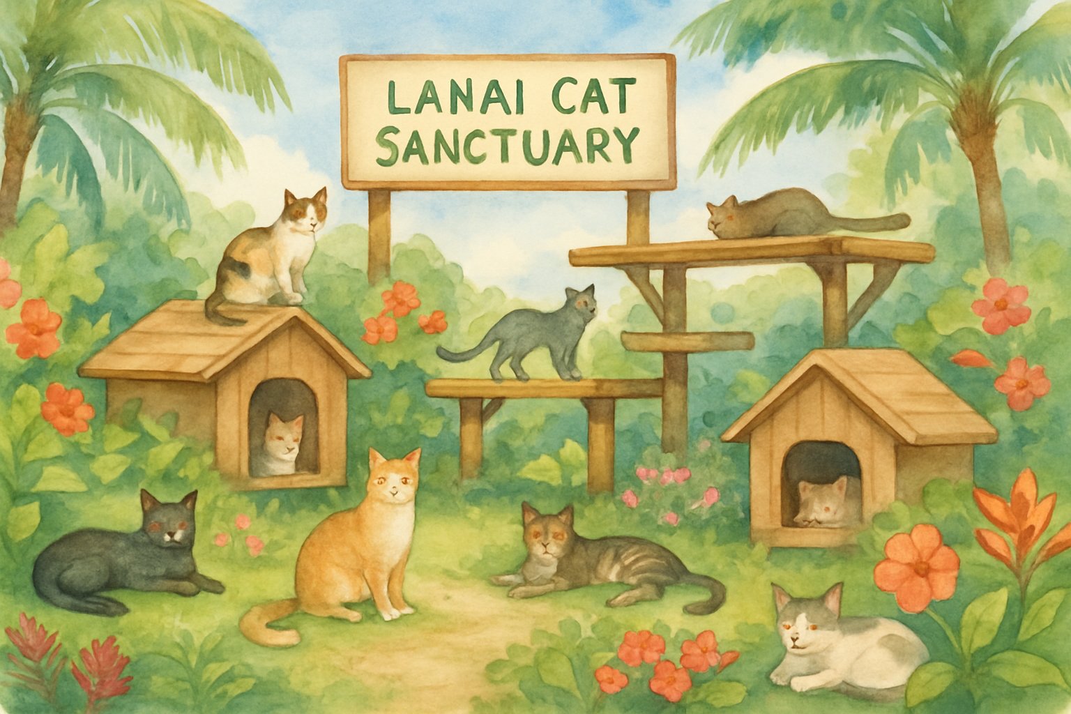 A peaceful garden with tropical plants and flowers where several cats relax and play among wooden shelters and climbing structures under a sunny sky.