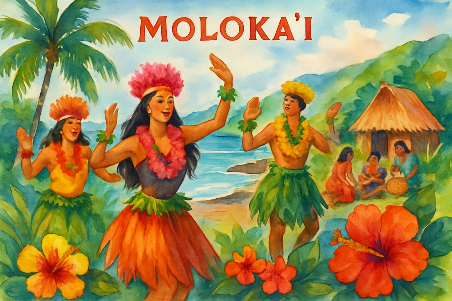 A coastal scene on Molokai with Hawaiian dancers in traditional attire surrounded by tropical plants and a thatched hut near the shore.