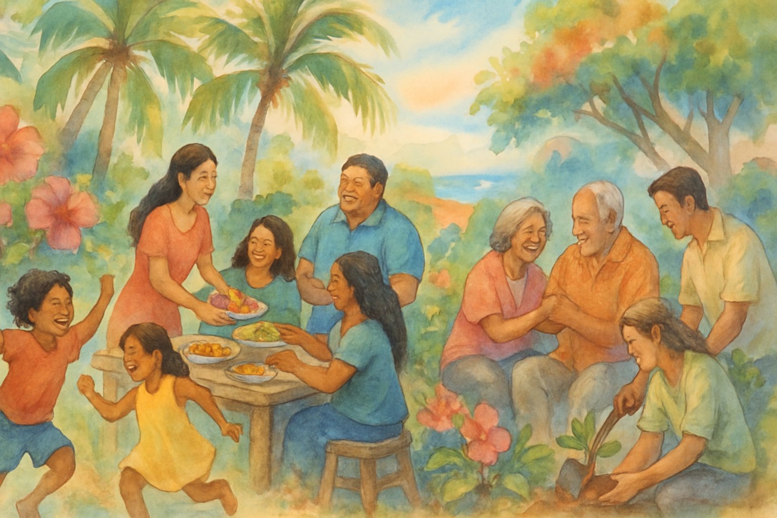 A community of people sharing food, playing, and helping each other outdoors surrounded by tropical plants and flowers.